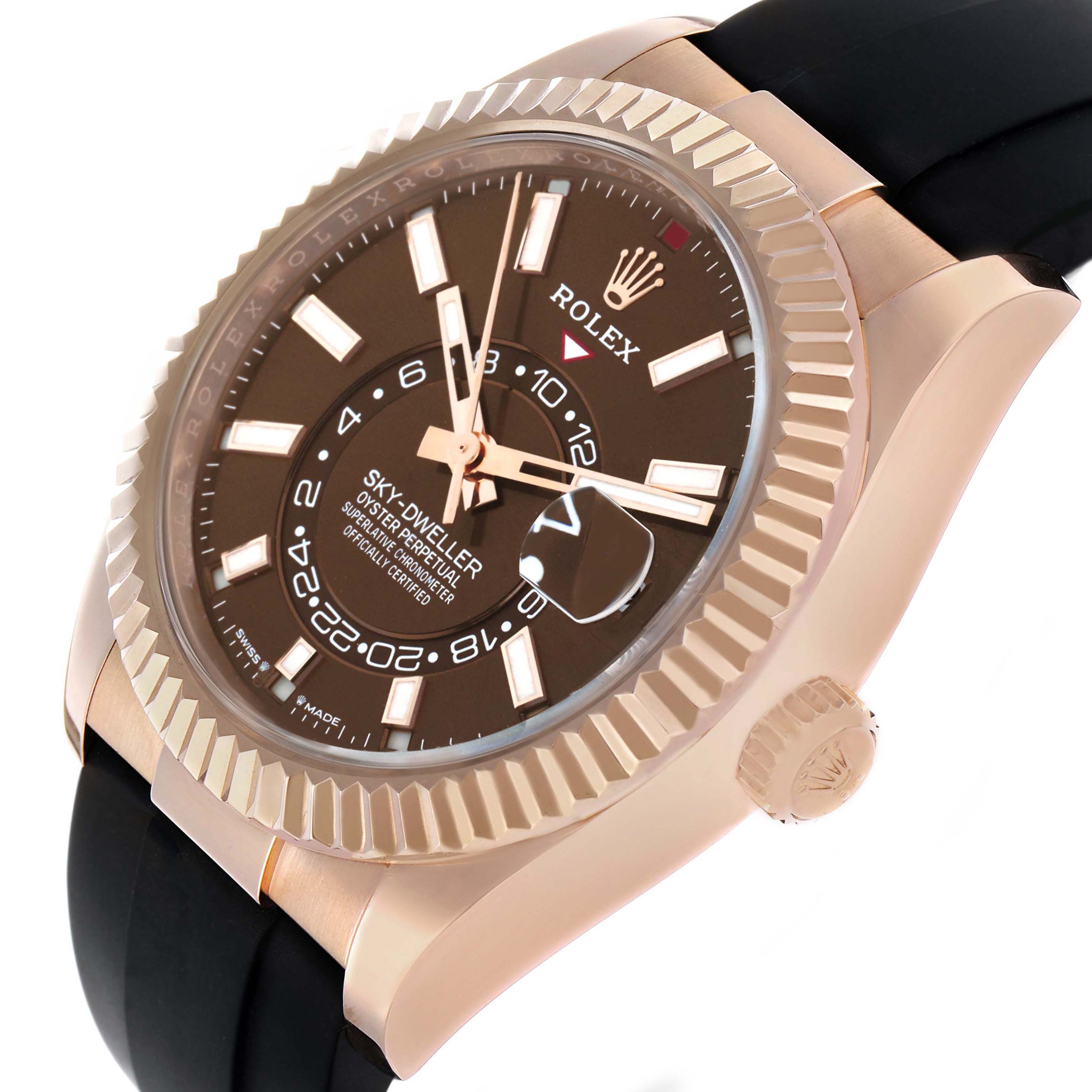 The Rolex Sky-Dweller 336235 Men's Rose Gold Brown Dial watch is shown at an angled view, highlighting the bezel, crown, and part of the strap.