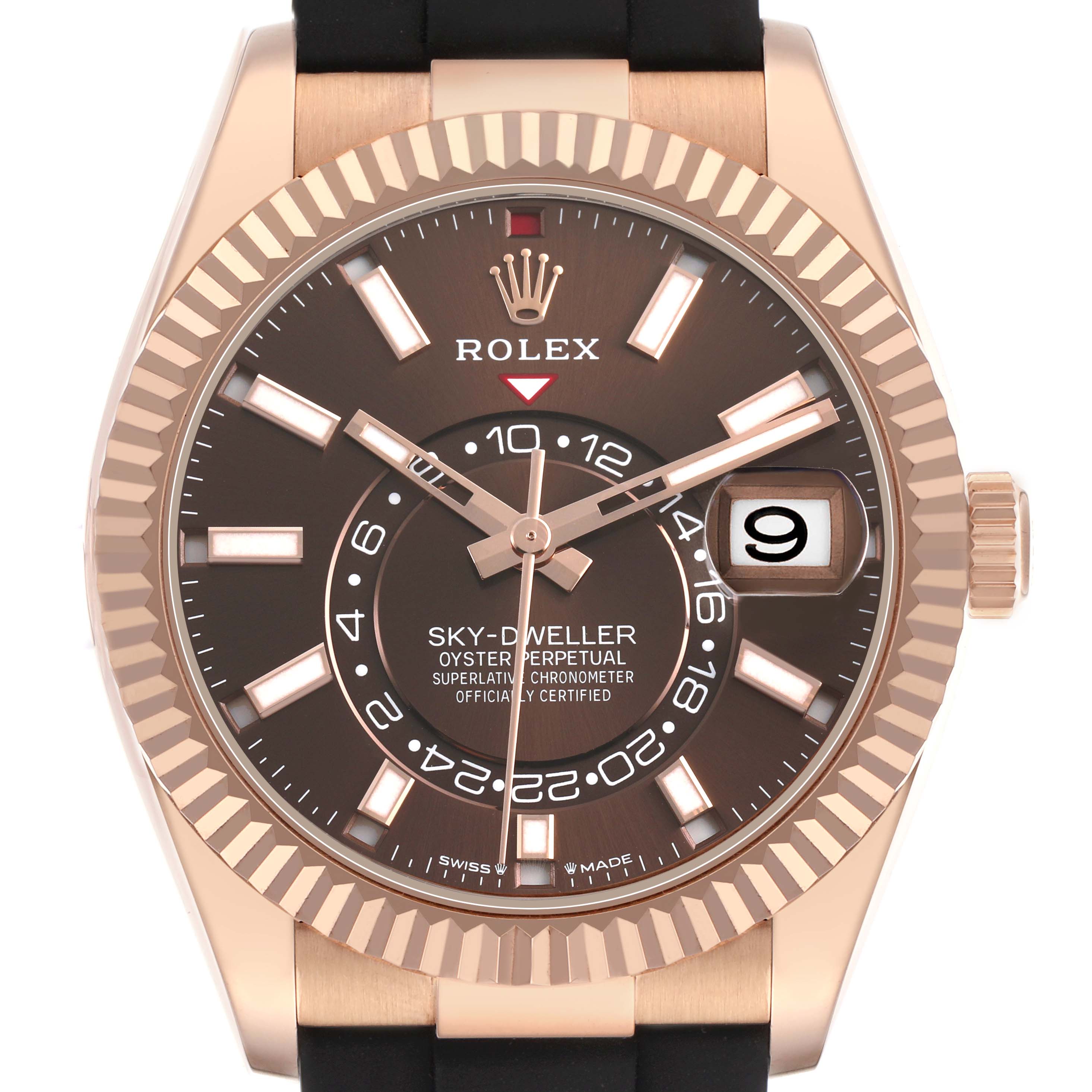 The Rolex Sky-Dweller 336235 Men's Rose Gold Brown Dial watch is shown from the front, highlighting the dial, bezel, and crown.