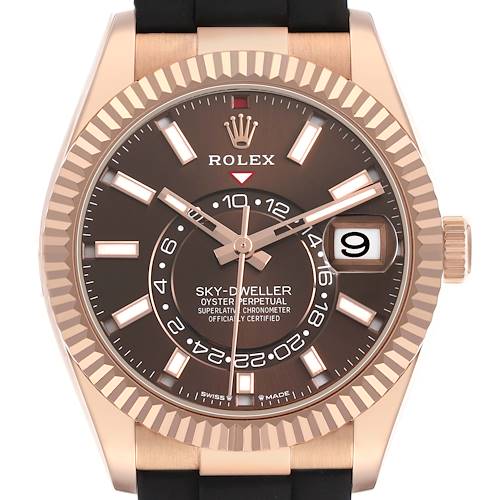 The Rolex Sky-Dweller 336235 Men's Rose Gold Brown Dial watch is shown from the front, highlighting the dial, bezel, and crown.