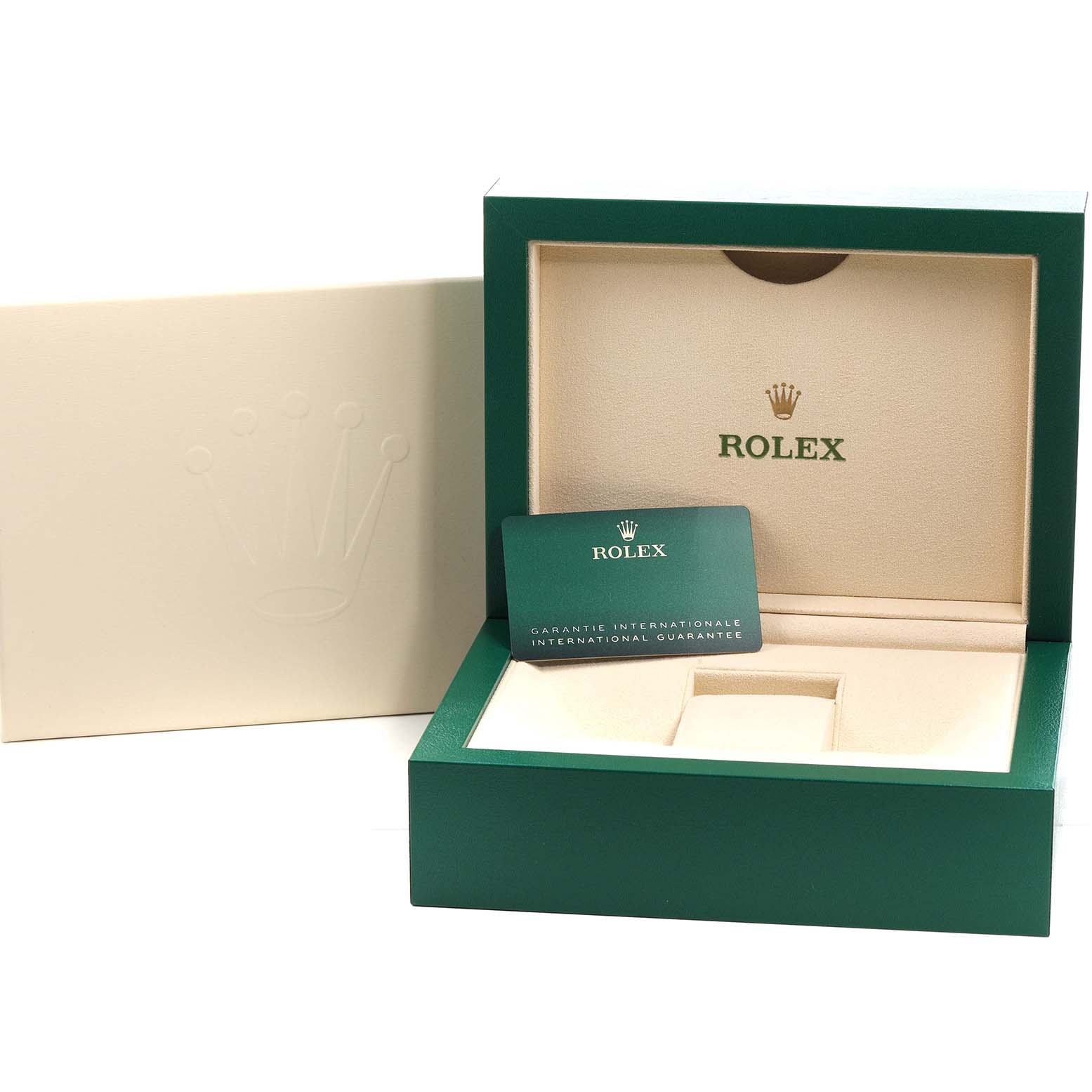 The image shows the packaging and guarantee card for a Rolex Sky-Dweller 336235 Men's Rose Gold Brown Dial, featuring an open green box and an embossed outer box.