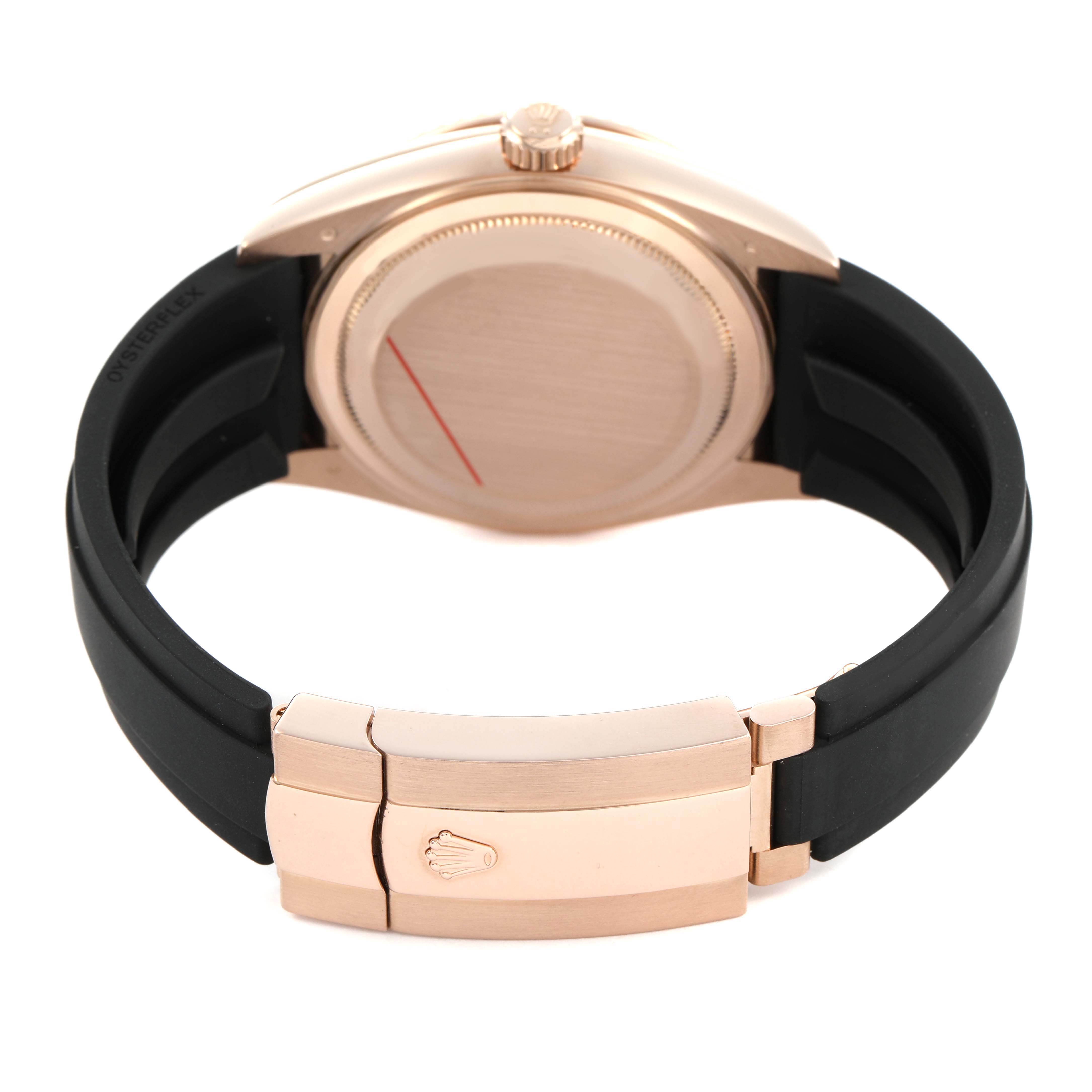 The image shows the back view of the Rolex Sky-Dweller 336235 Men's Rose Gold Brown Dial, highlighting the case back and clasp.