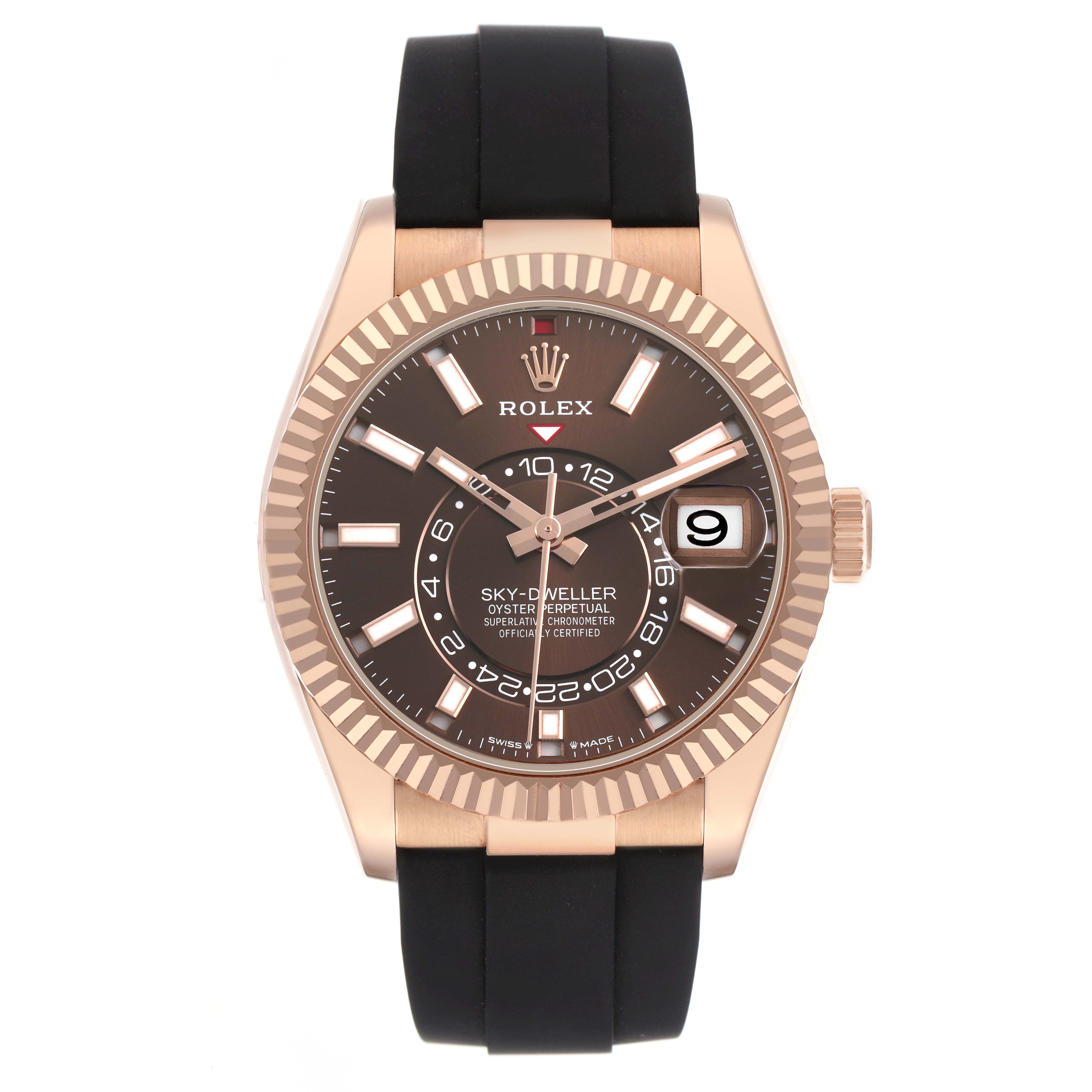 The Rolex Sky-Dweller 336235 Men's Rose Gold Brown Dial watch is shown from the front, displaying the dial, bezel, and black strap clearly.