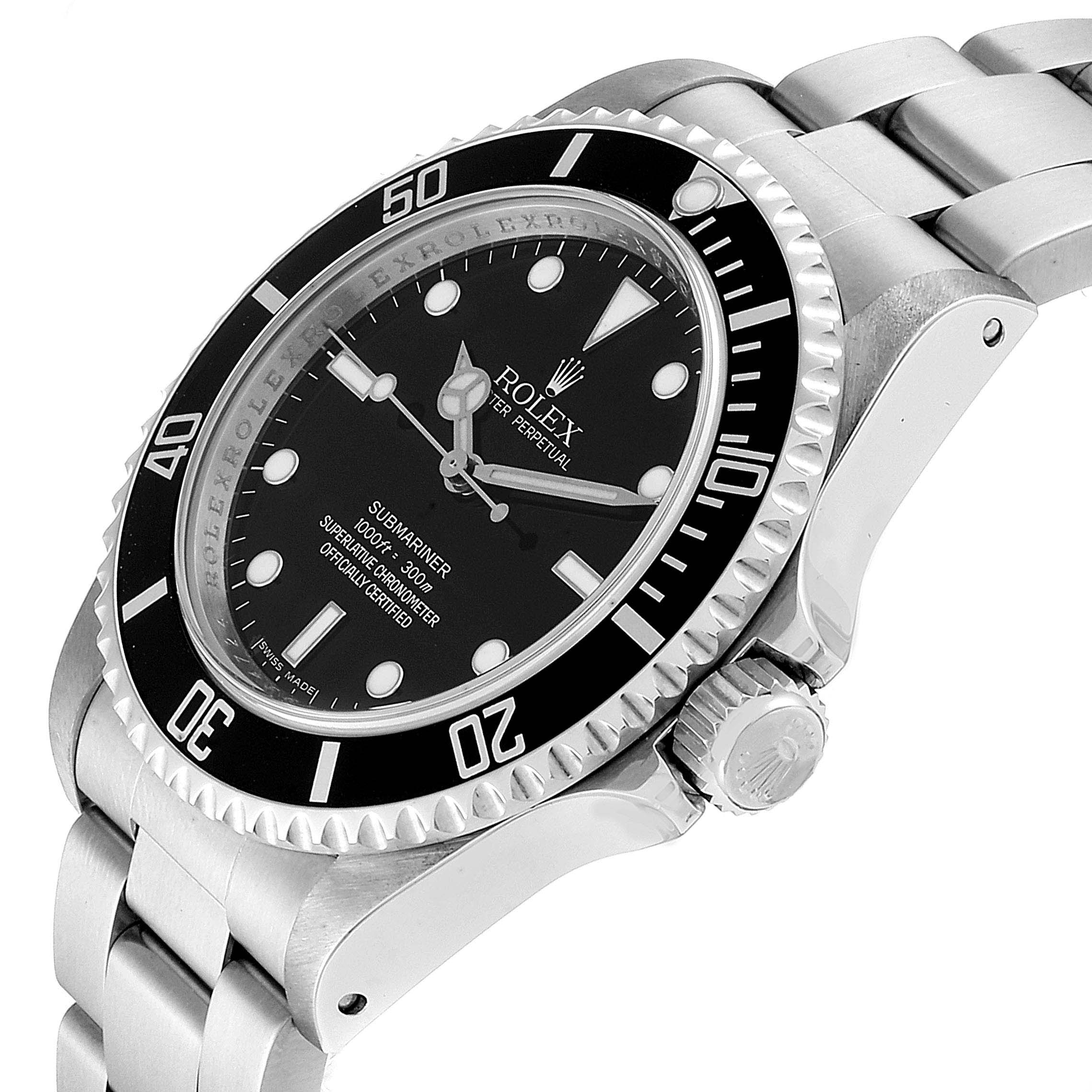 The image shows a close-up angled view of the Rolex Submariner 14060M Men
s Stainless Steel Black Dial 14060M Men
s Stainless Steel Black Dial, highlighting the bezel, dial, and bracelet.