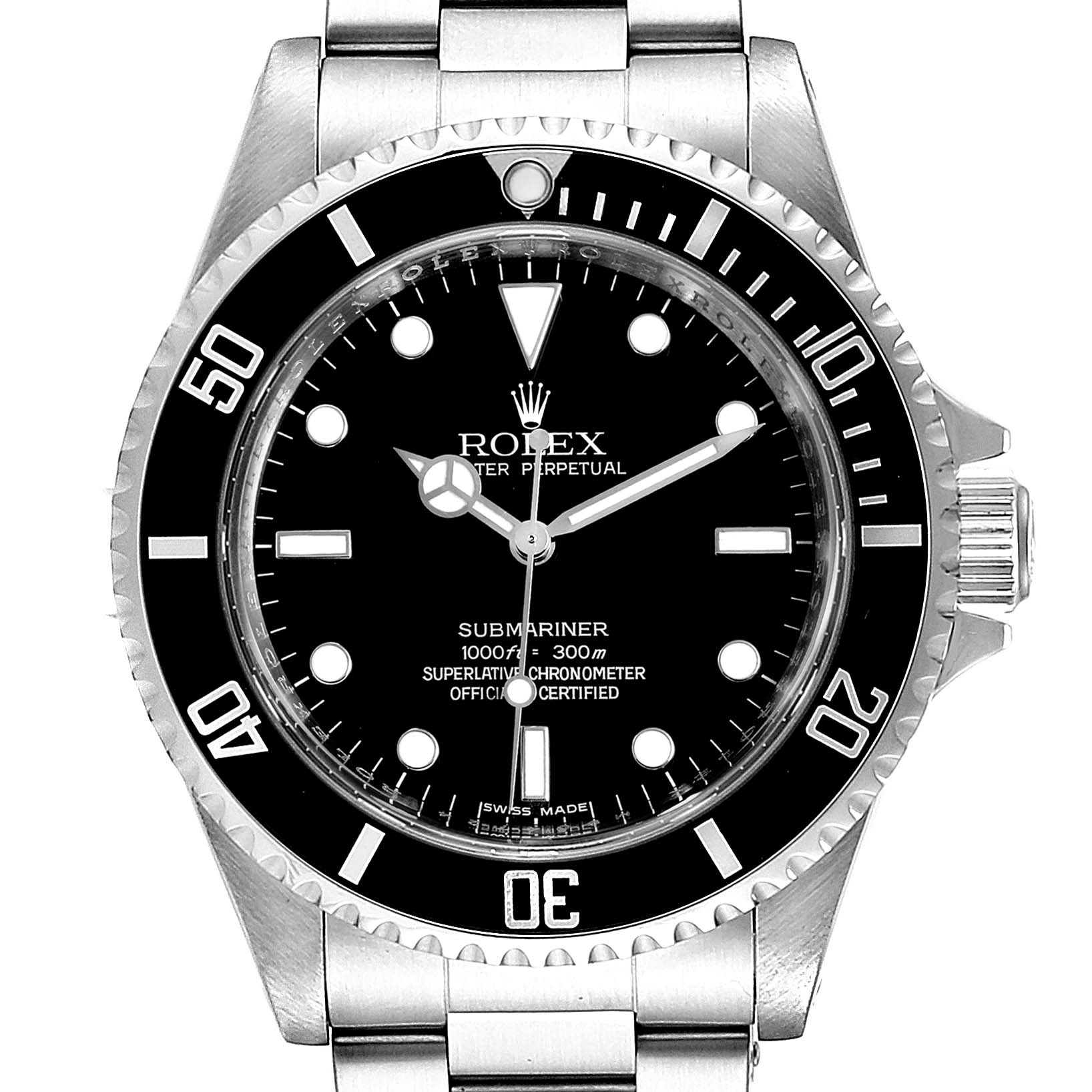 This image shows a front view of a Rolex Submariner 14060M Men
s Stainless Steel Black Dial 14060M Men
s Stainless Steel Black Dial watch, displaying its black dial, bezel, and stainless steel bracelet.