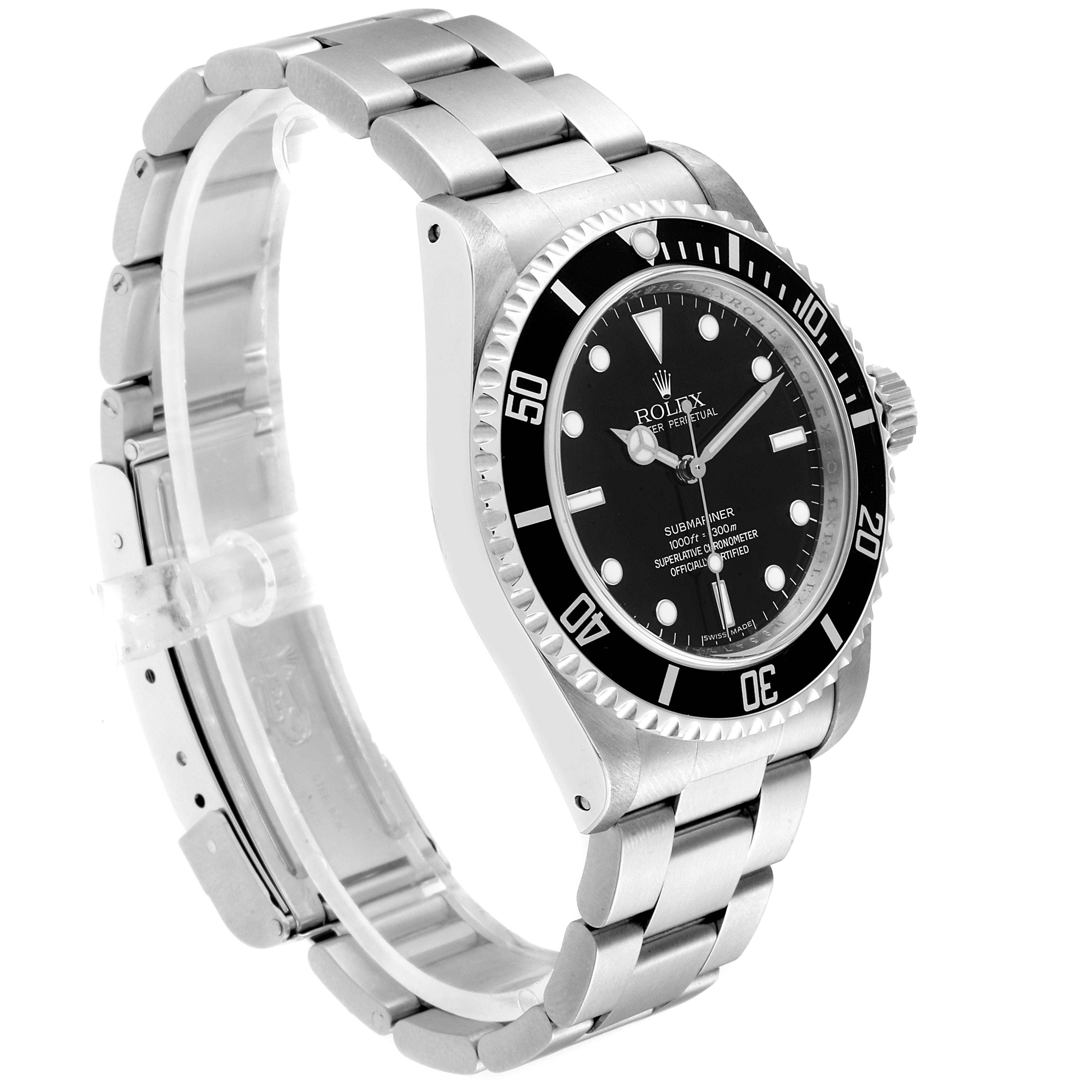 The image shows a Rolex Submariner 14060M Men
s Stainless Steel Black Dial 14060M Men
s Stainless Steel Black Dial watch at a three-quarter angle, highlighting the face, bezel, and metal bracelet.