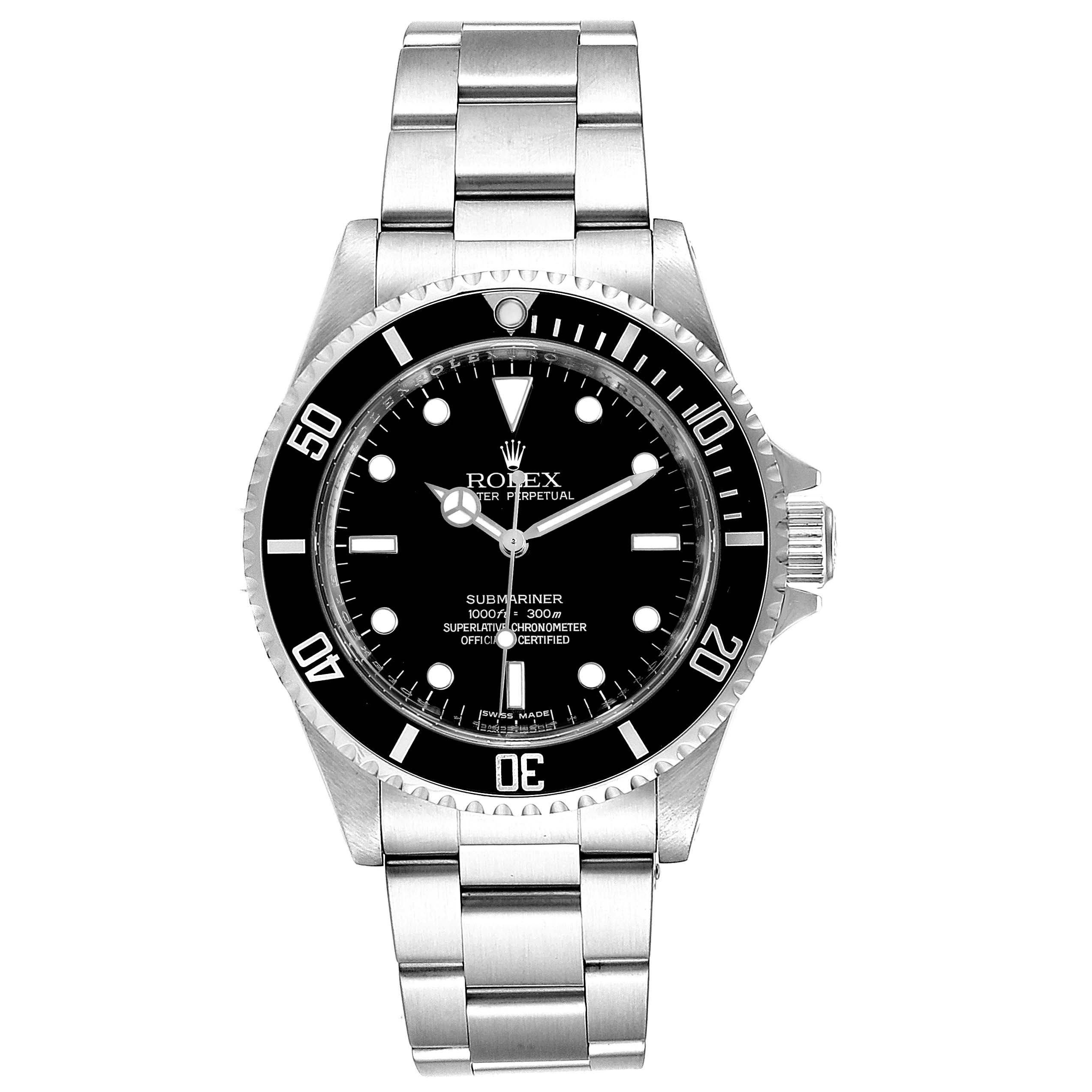The Rolex Submariner 14060M Men
s Stainless Steel Black Dial 14060M Men
s Stainless Steel Black Dial watch is shown from the front, displaying its face, bezel, and stainless steel bracelet.