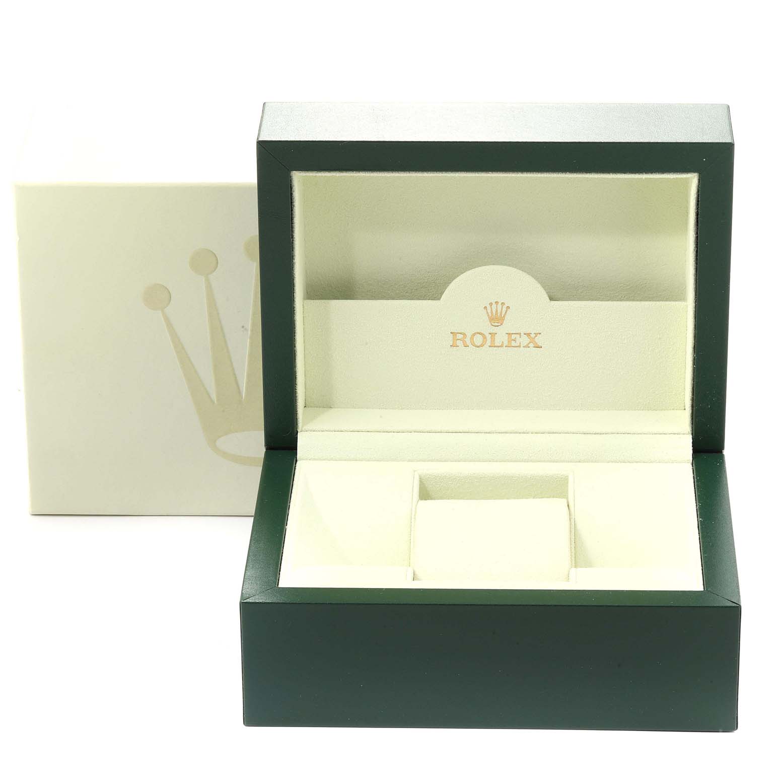 This image shows an open Rolex Submariner 14060M Men
s Stainless Steel Black Dial 14060M Men
s Stainless Steel Black Dial watch box, displaying its luxurious interior compartments.