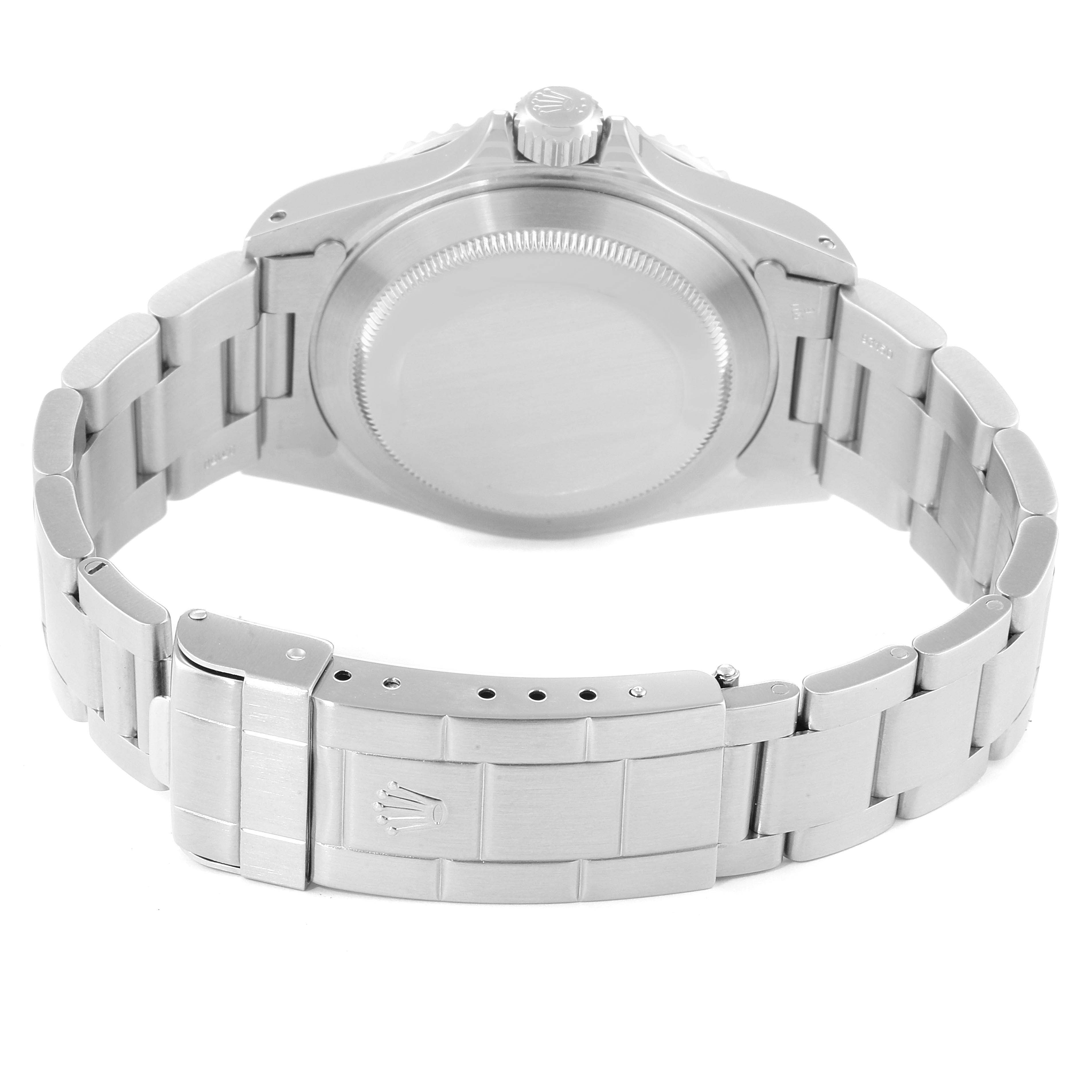 This image shows the back view of the Rolex Submariner 14060M Men
s Stainless Steel Black Dial 14060M Men
s Stainless Steel Black Dial watch, highlighting its case and stainless steel bracelet.