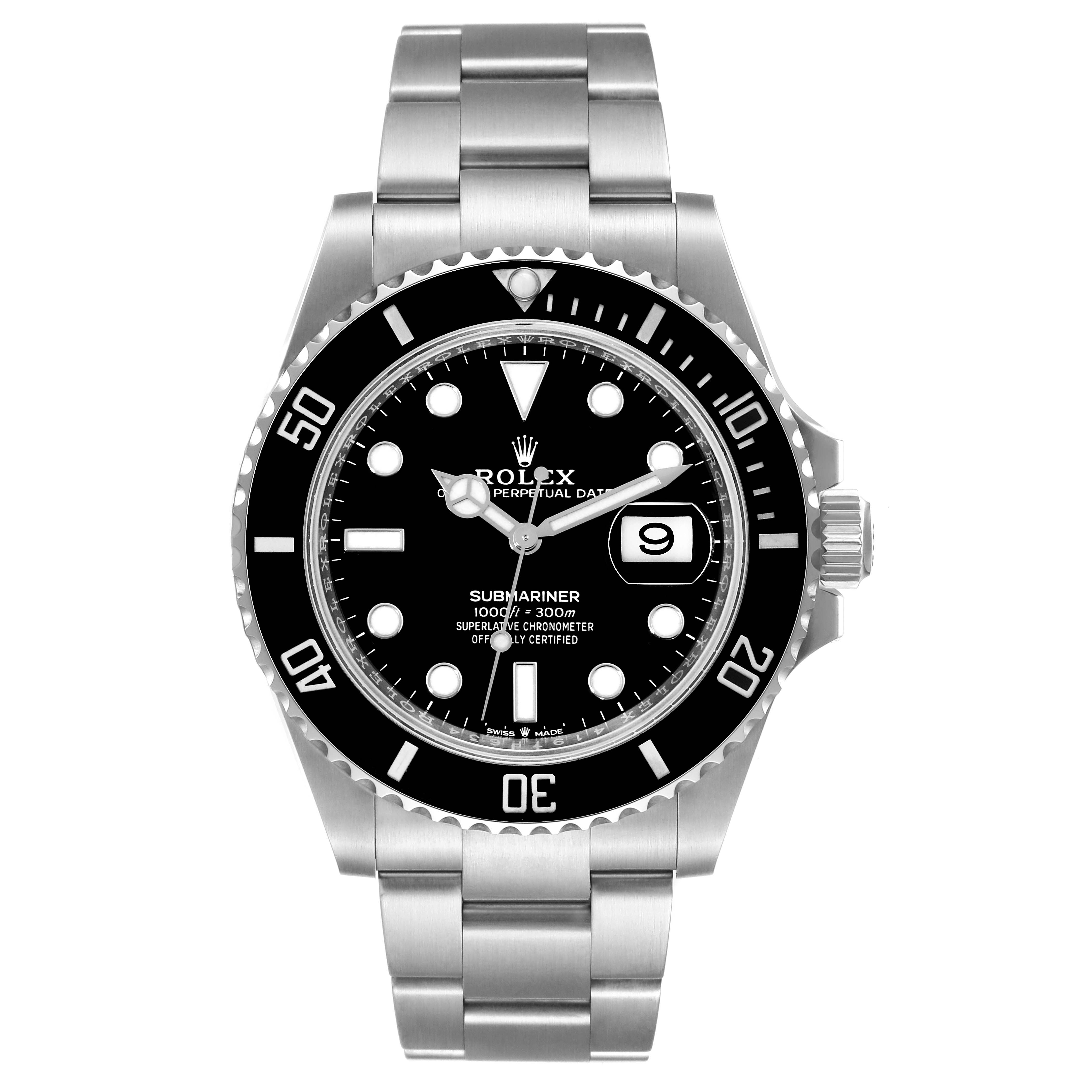 The image shows a front view of a Rolex Submariner 126610 Men
s Stainless Steel Black Dial 126610 Men
s Stainless Steel Black Dial watch, displaying its dial, bezel, and stainless steel bracelet.