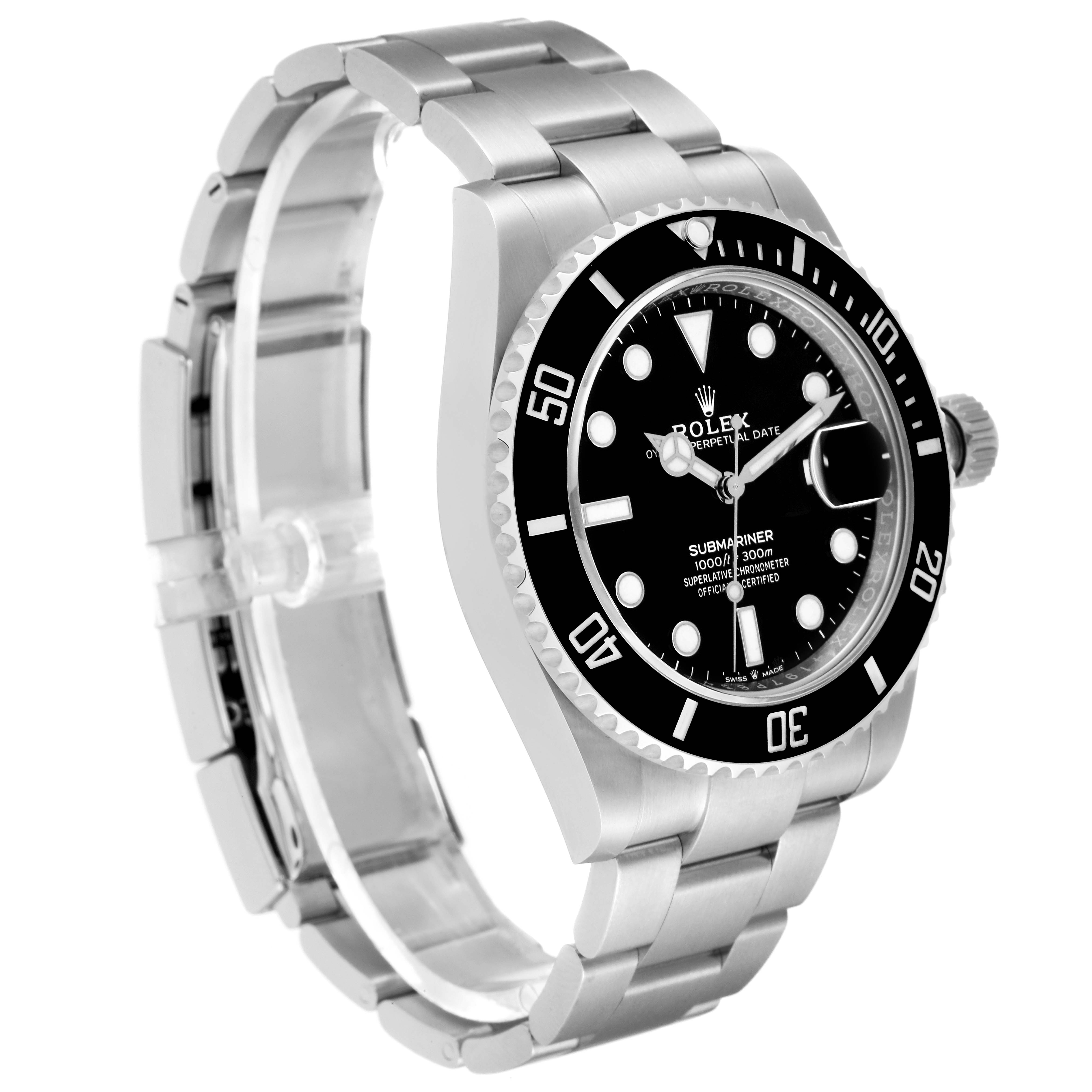 This image shows a side view of the Rolex Submariner 126610 Men
s Stainless Steel Black Dial 126610 Men
s Stainless Steel Black Dial watch, displaying the dial, bezel, and part of the metal bracelet.