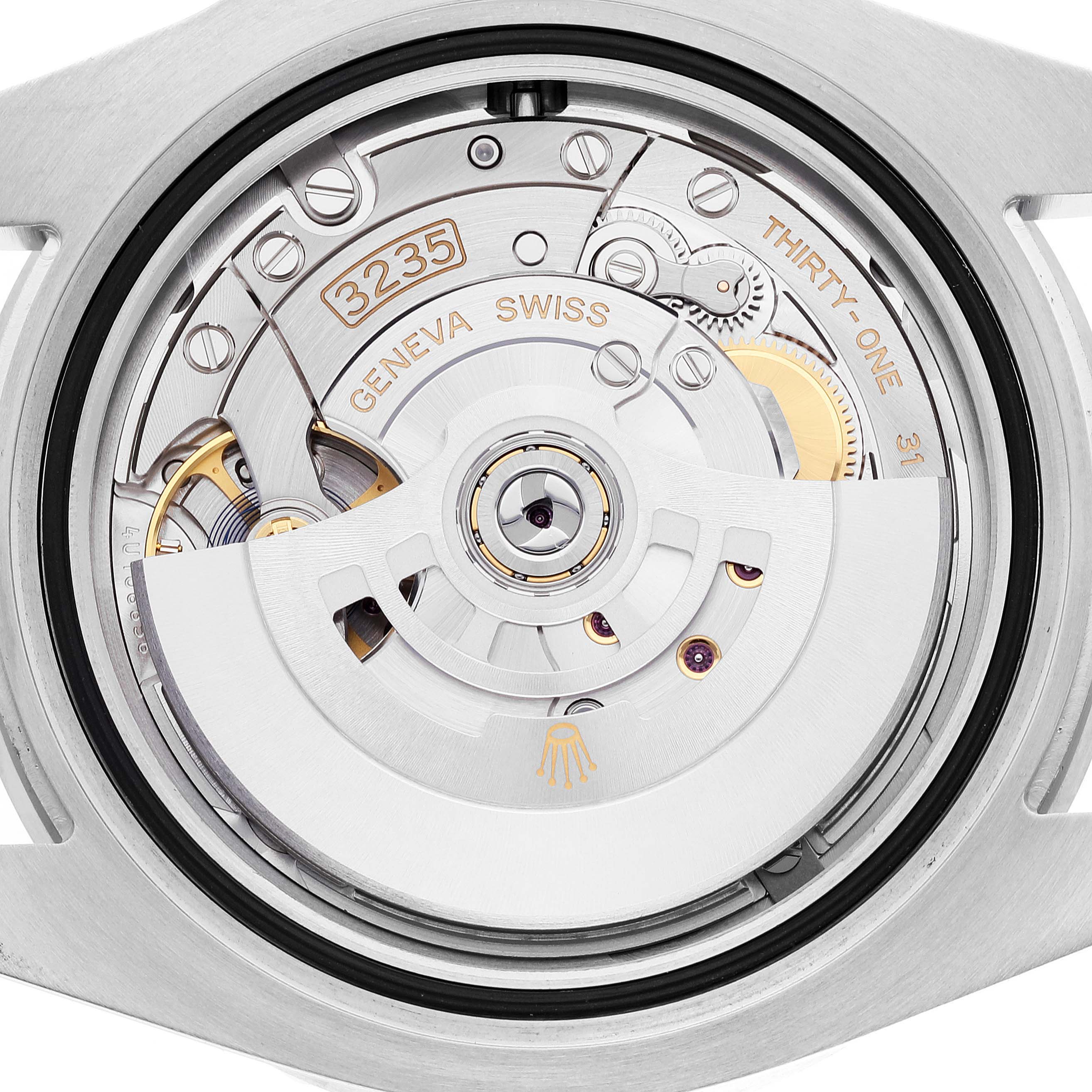 The image shows a close-up view of the movement mechanism of a Rolex Submariner 126610 Men
s Stainless Steel Black Dial 126610 Men
s Stainless Steel Black Dial watch, specifically the caliber 3235.