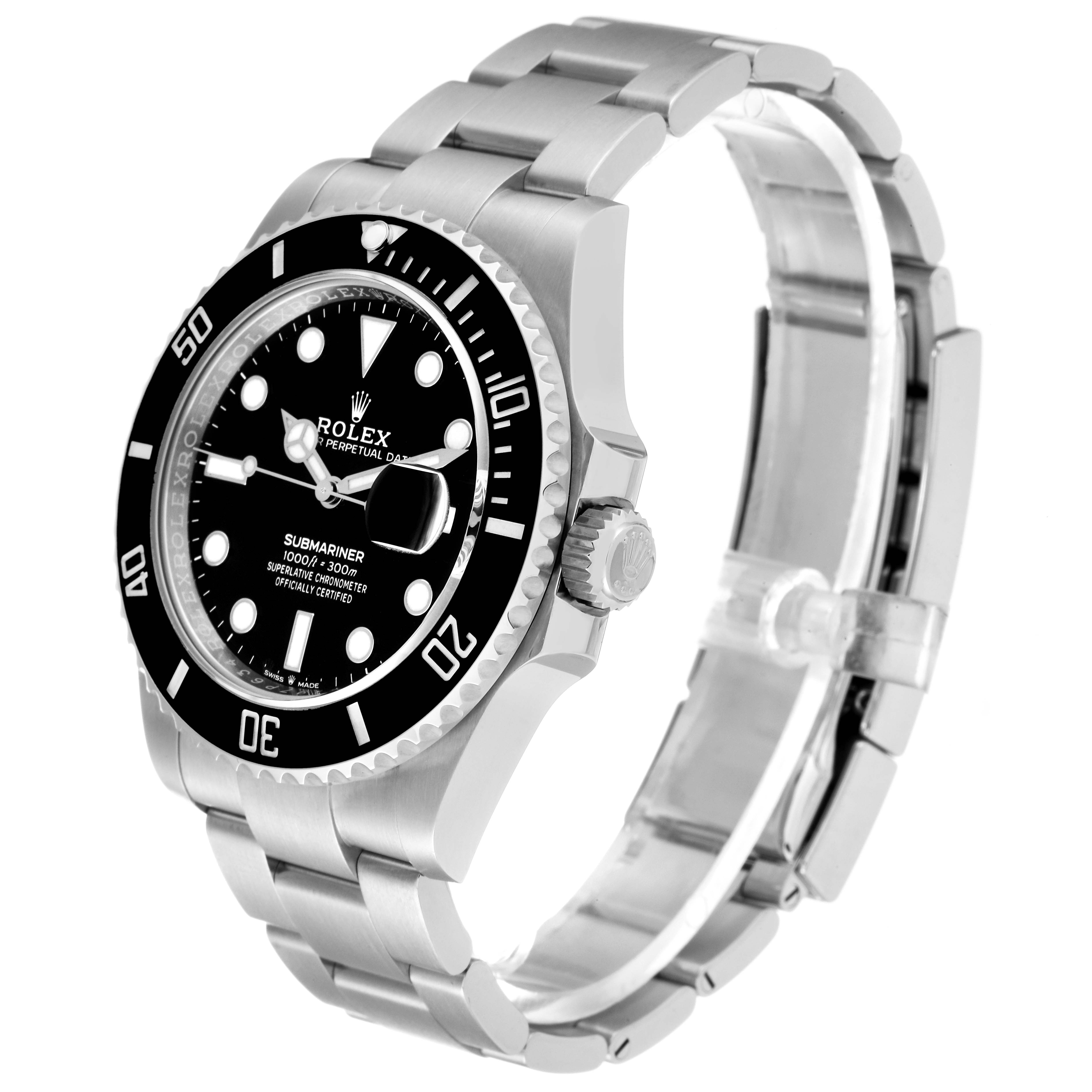 The image shows a Rolex Submariner 126610 Men
s Stainless Steel Black Dial 126610 Men
s Stainless Steel Black Dial watch at a slight angle, displaying its black dial, bezel, crown, and stainless steel bracelet.