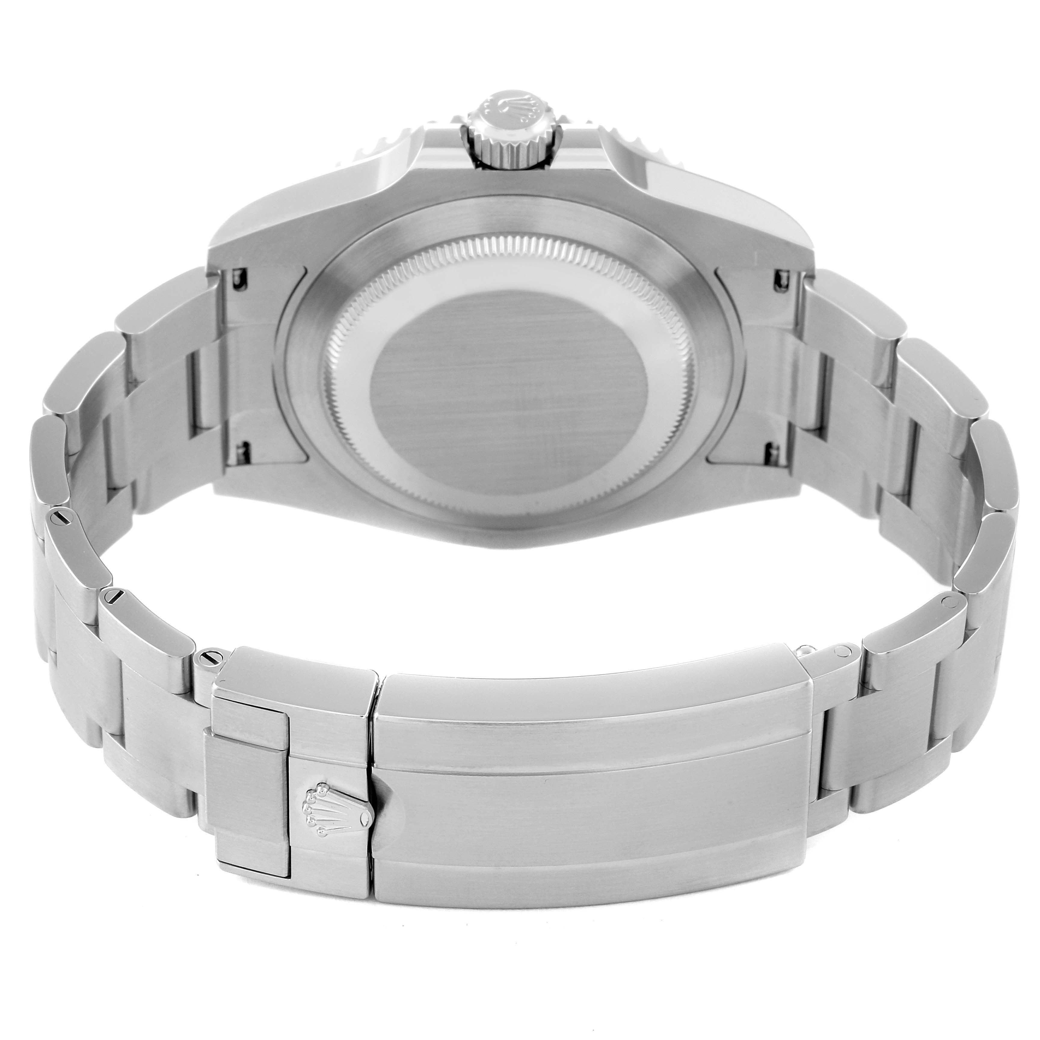 The image shows the back view of the Rolex Submariner 126610 Men
s Stainless Steel Black Dial 126610 Men
s Stainless Steel Black Dial, highlighting its case back, bracelet, and clasp.