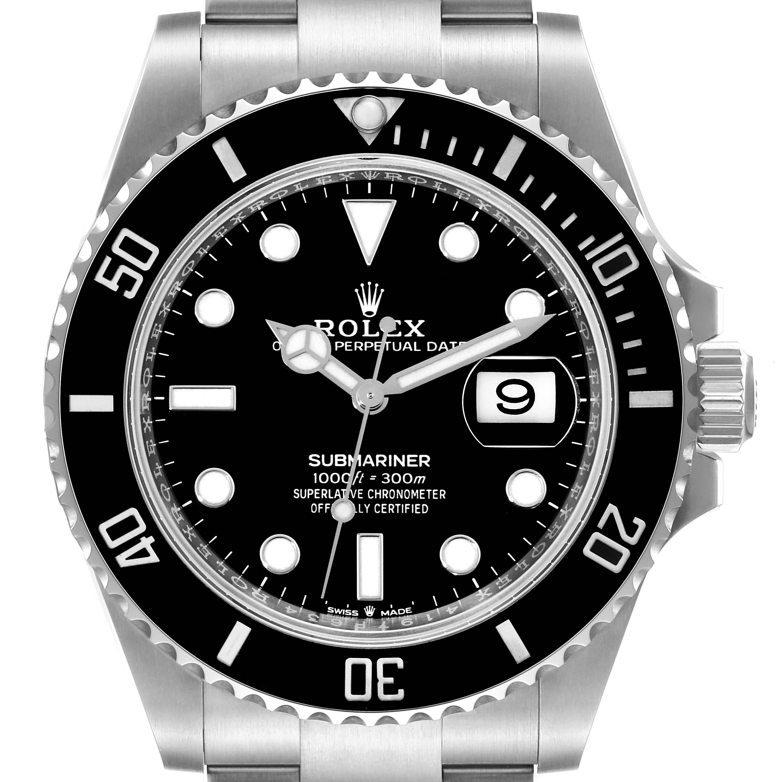 This image shows a front view of a Rolex Submariner 126610 Men
s Stainless Steel Black Dial 126610 Men
s Stainless Steel Black Dial watch displaying the face, bezel, and part of the bracelet.