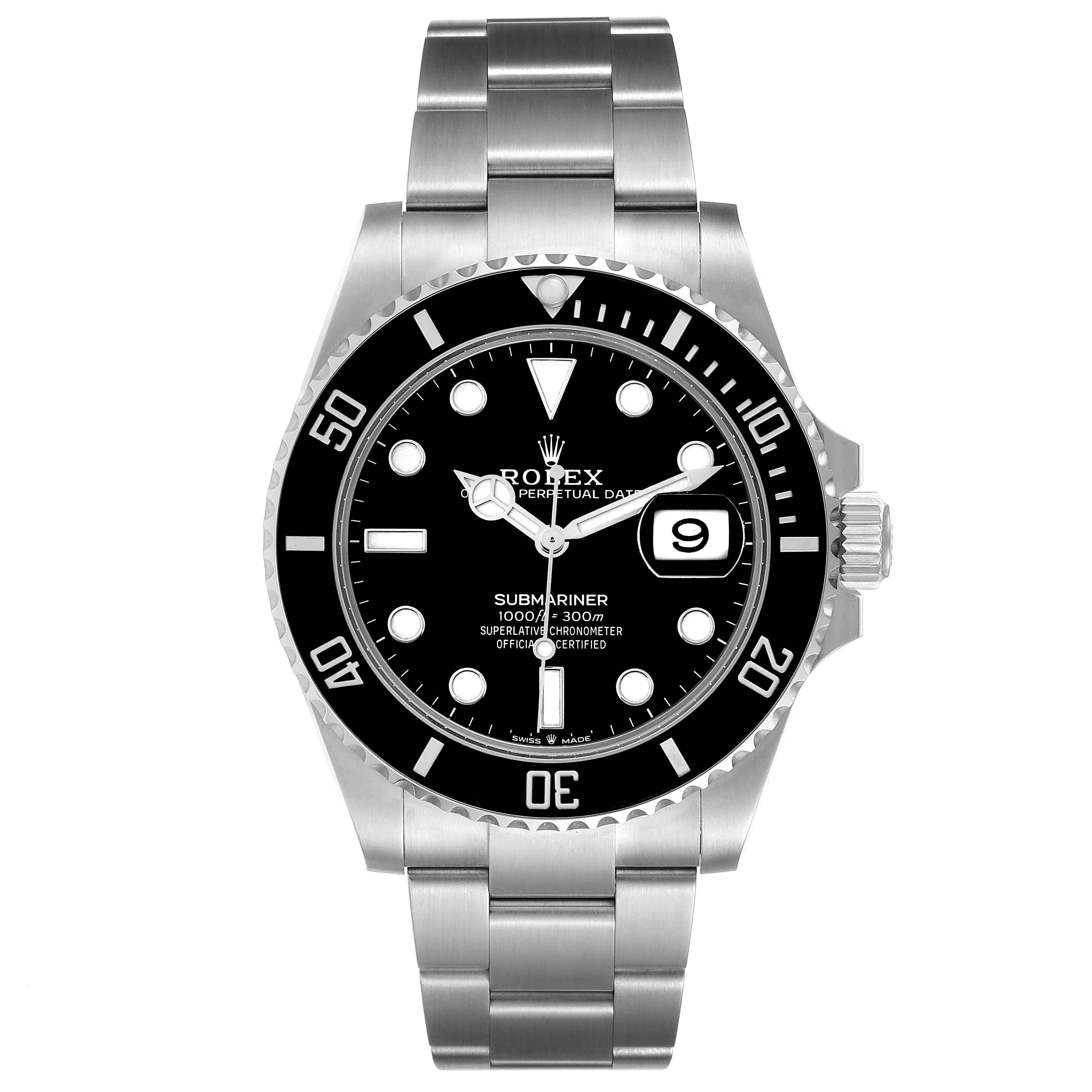 The Rolex Submariner 126610 Men
s Stainless Steel Black Dial 126610 Men
s Stainless Steel Black Dial watch is shown from a frontal angle, displaying the dial, bezel, bracelet, and crown.
