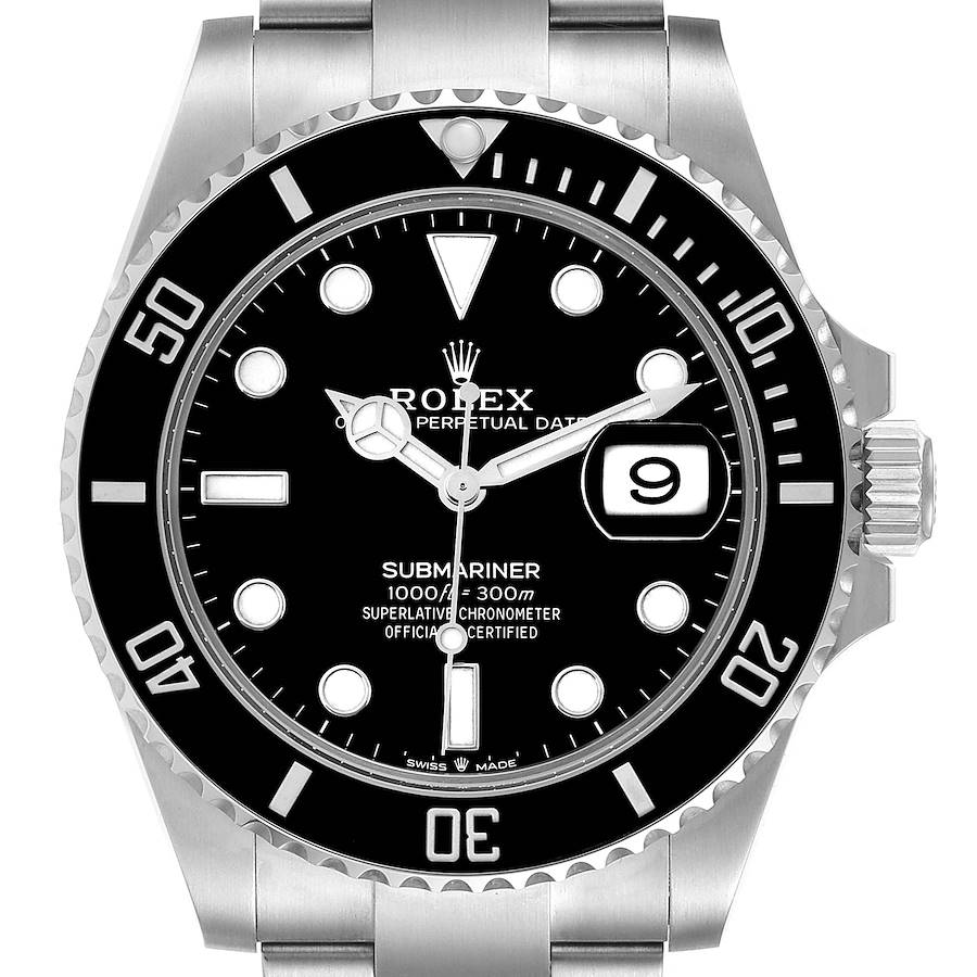 The Rolex Submariner watch is shown from a frontal angle, displaying the bezel, dial, hands, markers, and bracelet.