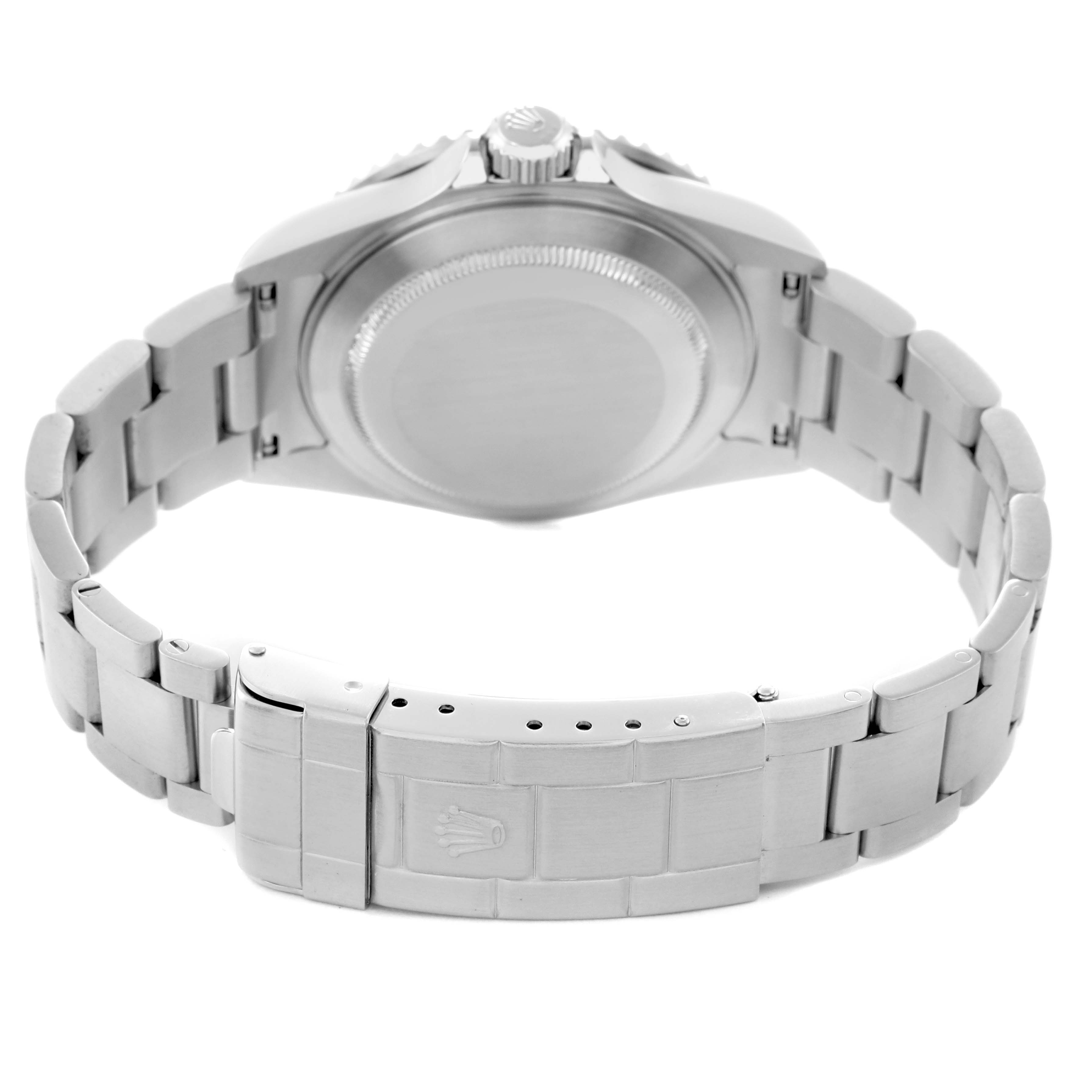 The image shows the back of a Rolex Submariner 16610 Men
s Stainless Steel Black Dial 16610 Men
s Stainless Steel Black Dial watch, highlighting the case back, bracelet, and clasp with the Rolex logo.