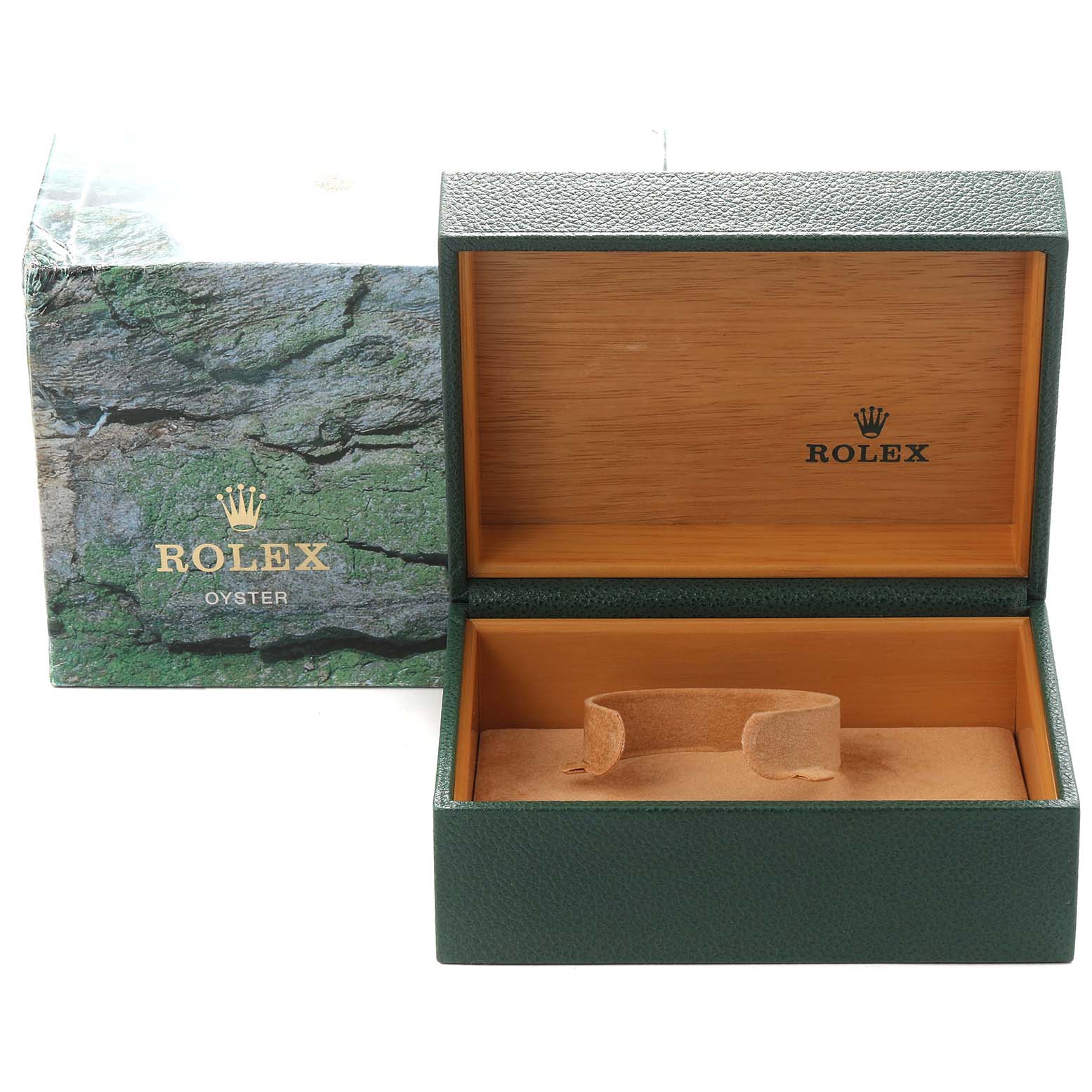 The image shows an open Rolex box for a Submariner watch with a green exterior and wood finish inside.