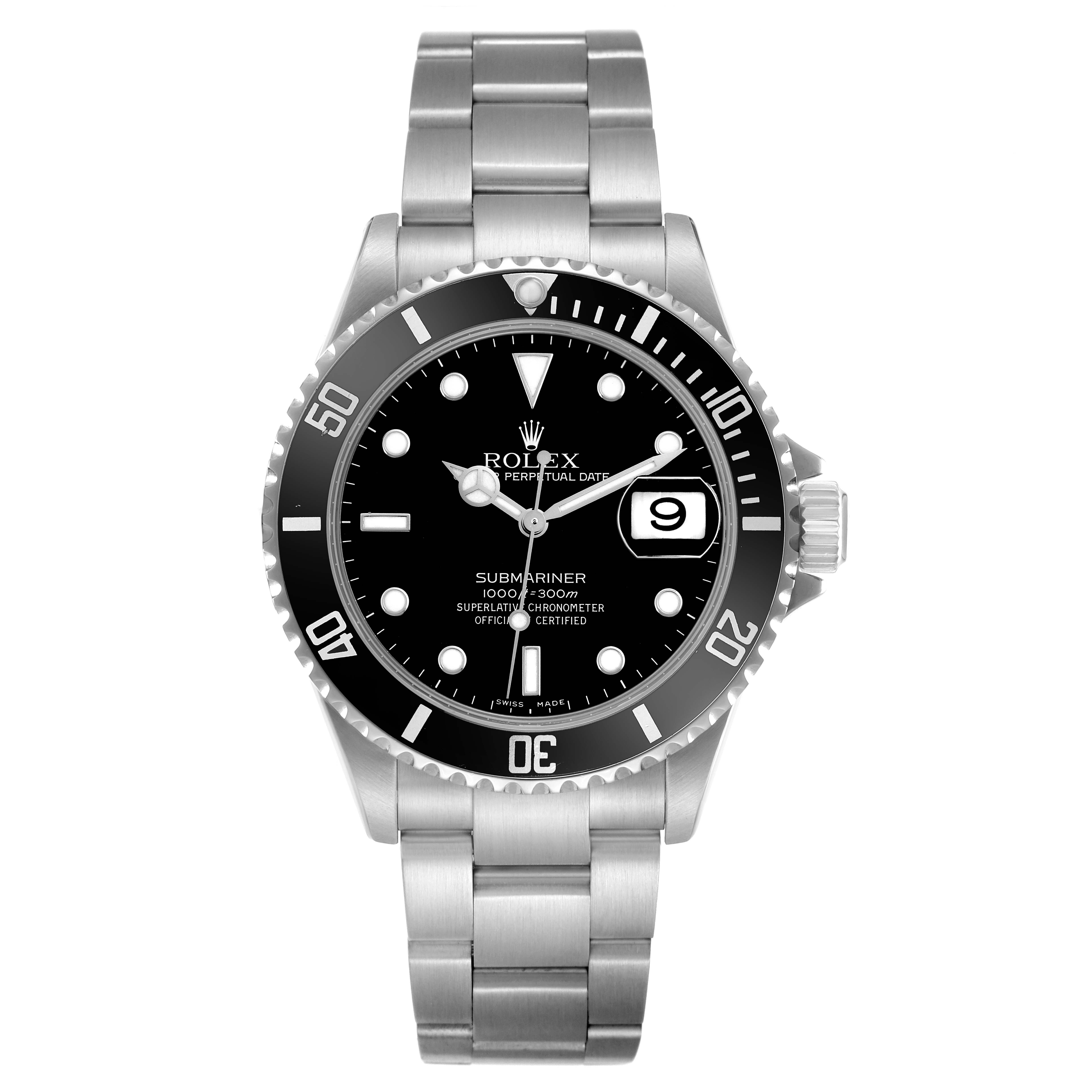 The Rolex Submariner 16610 Men
s Stainless Steel Black Dial 16610 Men
s Stainless Steel Black Dial watch is shown from a front view, displaying the bezel, dial, hands, bracelet, and date window.