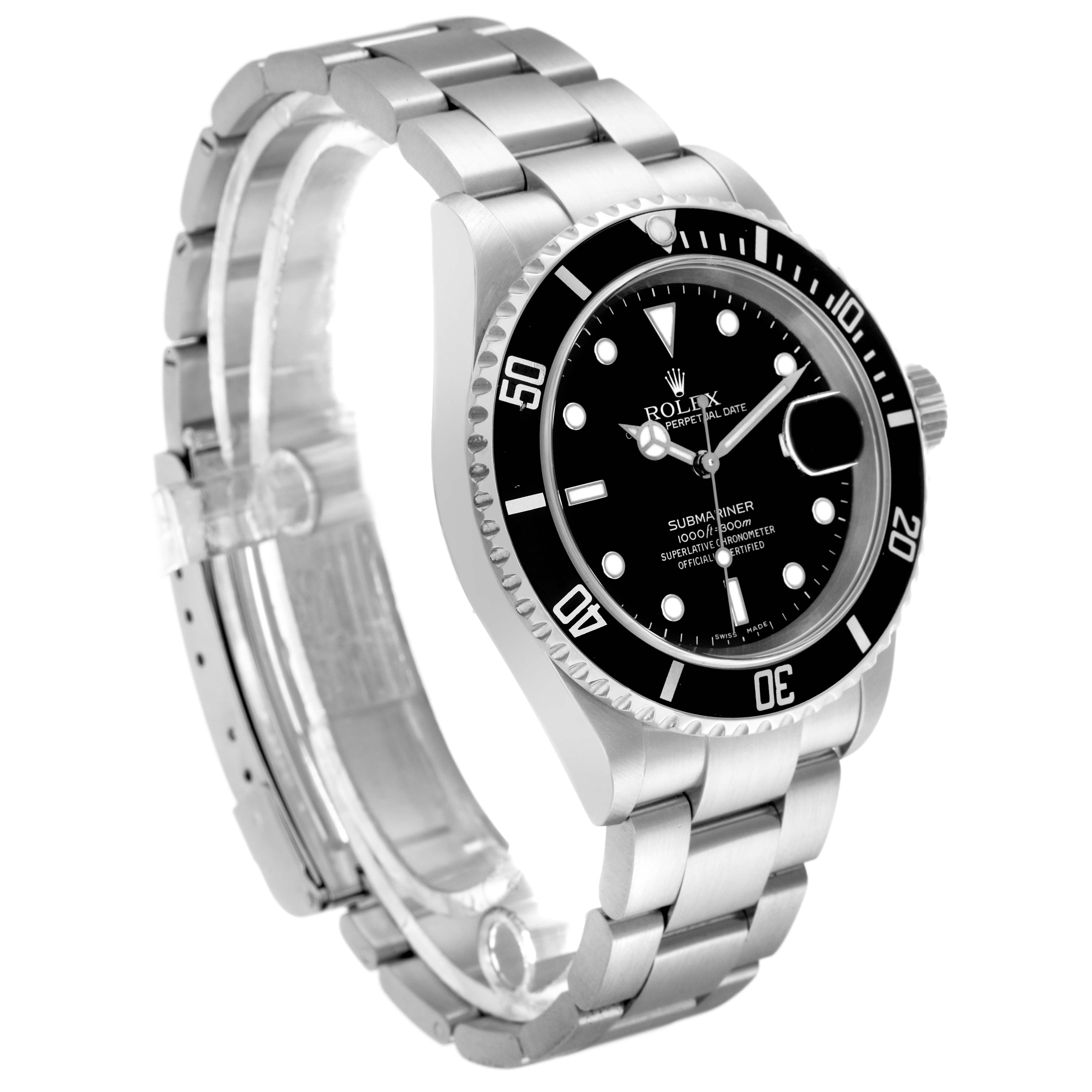 The Rolex Submariner 16610 Men
s Stainless Steel Black Dial 16610 Men
s Stainless Steel Black Dial watch is shown at a three-quarter angle, displaying the dial, bezel, bracelet, and crown.