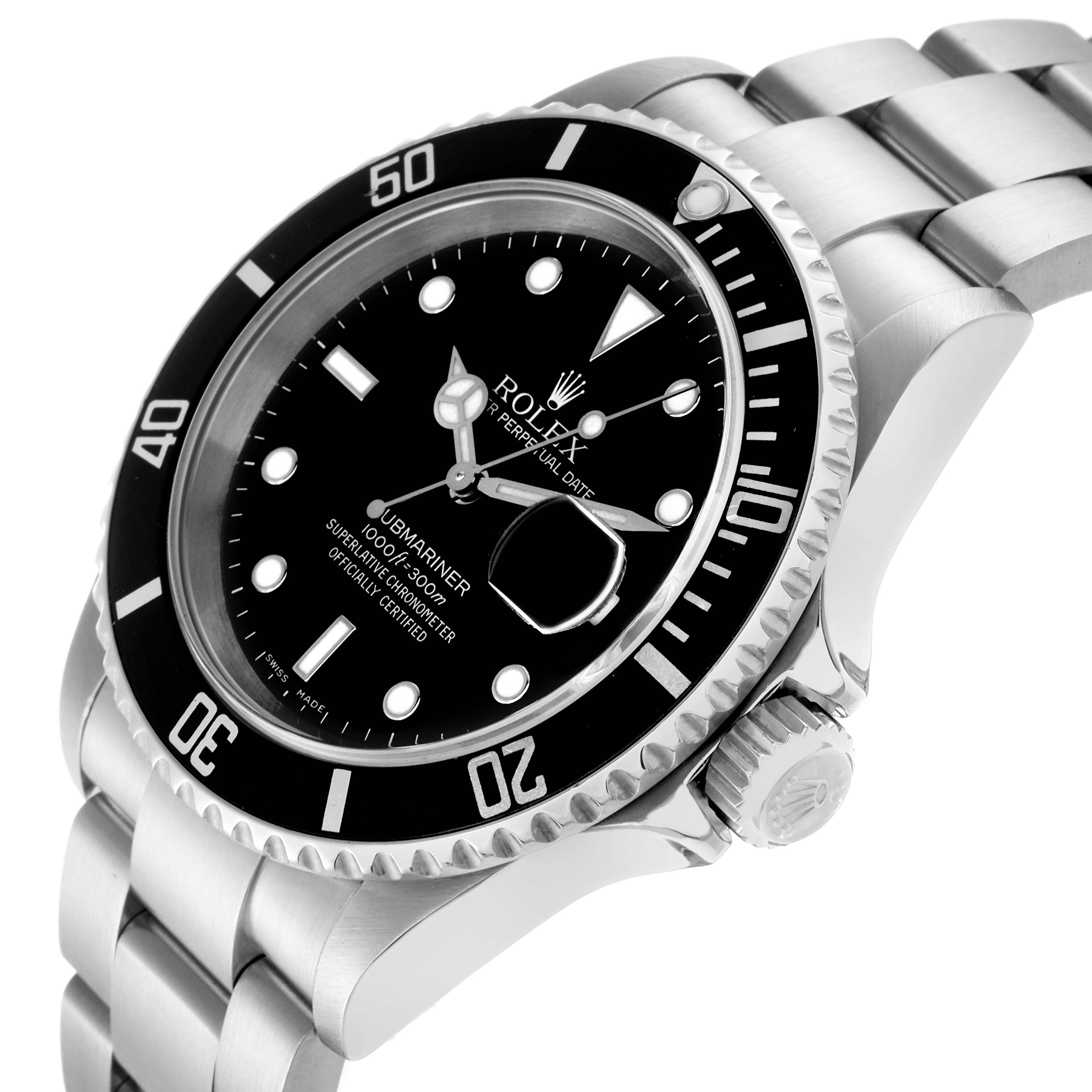 The Rolex Submariner 16610 Men
s Stainless Steel Black Dial 16610 Men
s Stainless Steel Black Dial is shown from an angled side view, highlighting the face, bezel, and part of the bracelet.