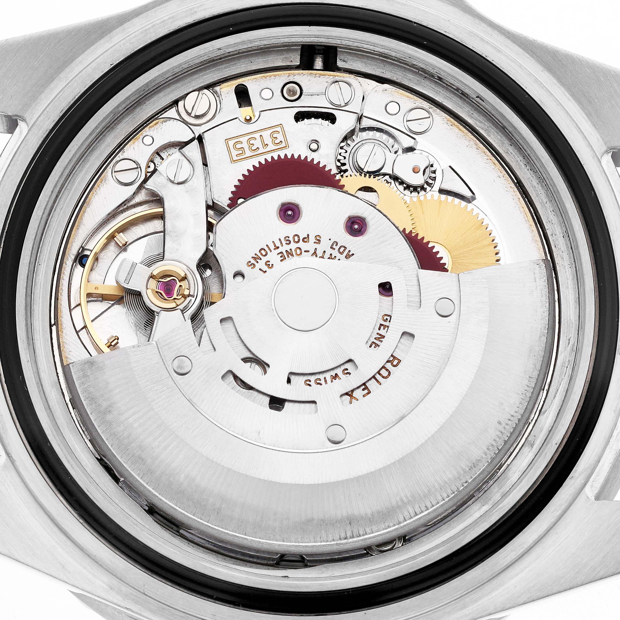 The image shows the Rolex Submariner 16610 Men
s Stainless Steel Black Dial 16610 Men
s Stainless Steel Black Dial
s movement from a top angle, highlighting the intricate gears and components.