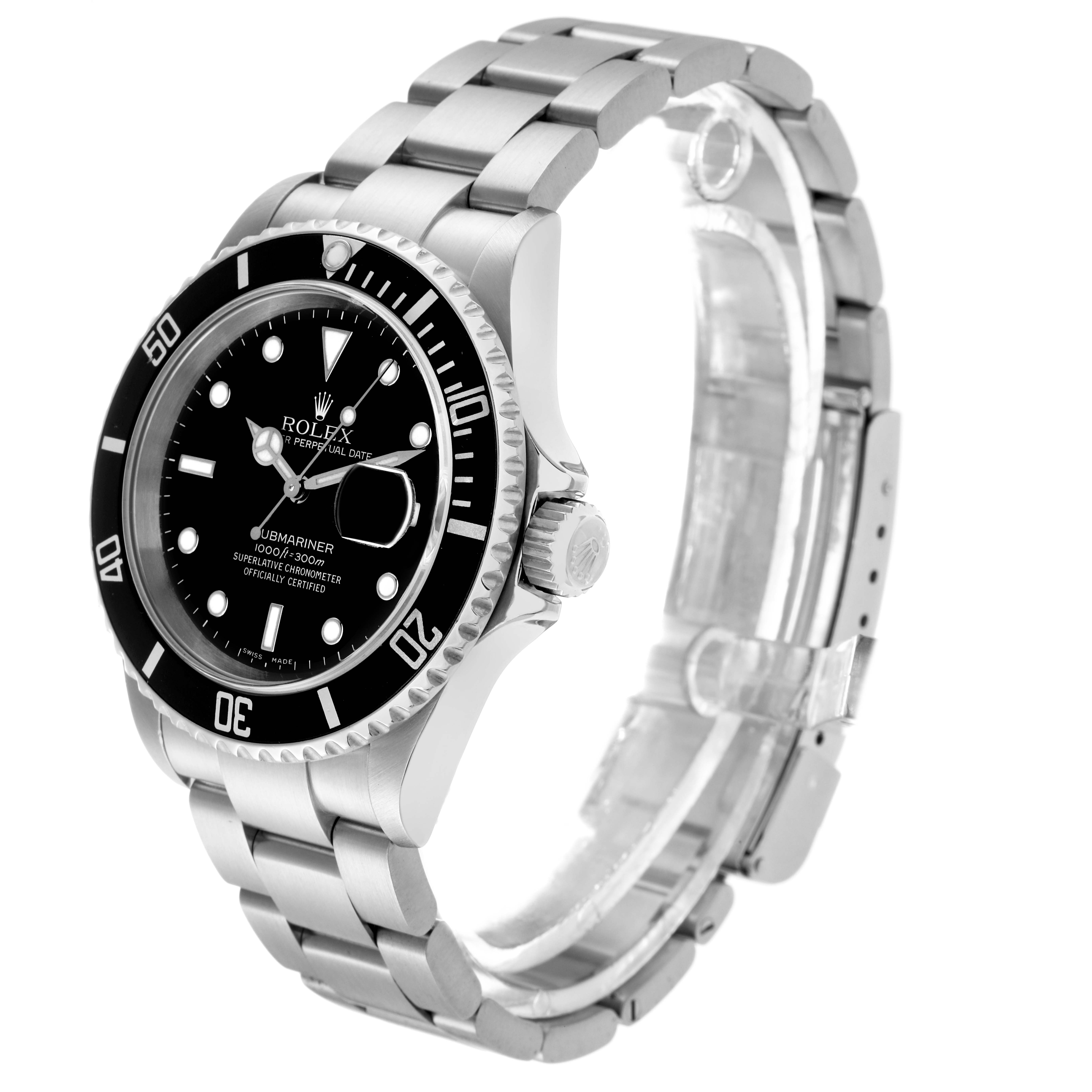 The Rolex Submariner 16610 Men
s Stainless Steel Black Dial 16610 Men
s Stainless Steel Black Dial watch is captured at a three-quarter angle, showing the face, bezel, crown, and bracelet.