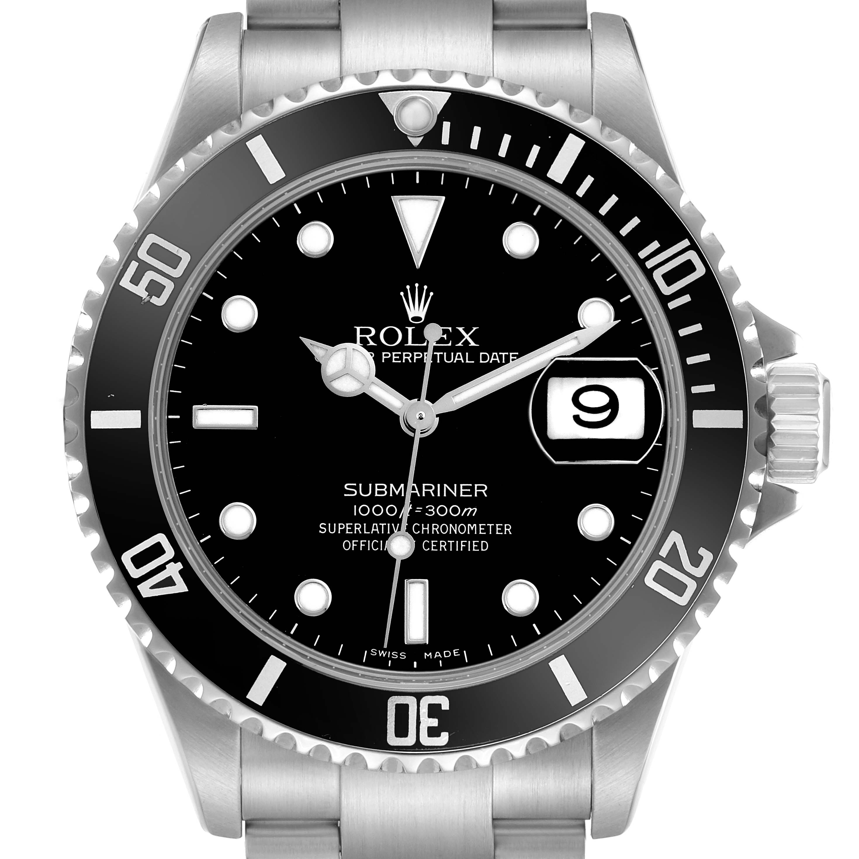The Rolex Submariner 16610 Men
s Stainless Steel Black Dial 16610 Men
s Stainless Steel Black Dial watch is shown from the front, highlighting its bezel, dial, hands, date window, and part of the bracelet.
