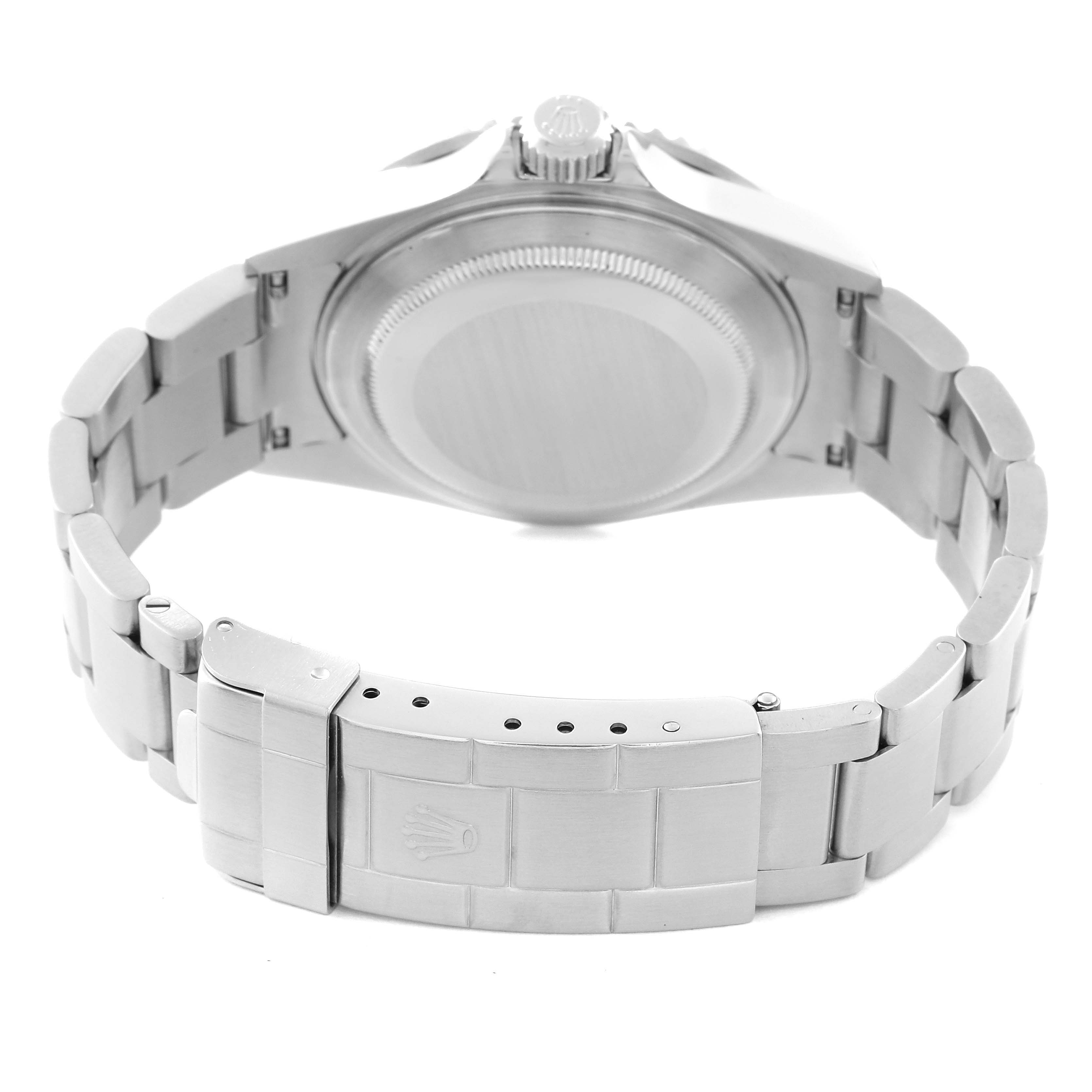 The image shows the back case and clasp of a Rolex Submariner 16610 Men
s Stainless Steel Black Dial 16610 Men
s Stainless Steel Black Dial watch from a rear angle.