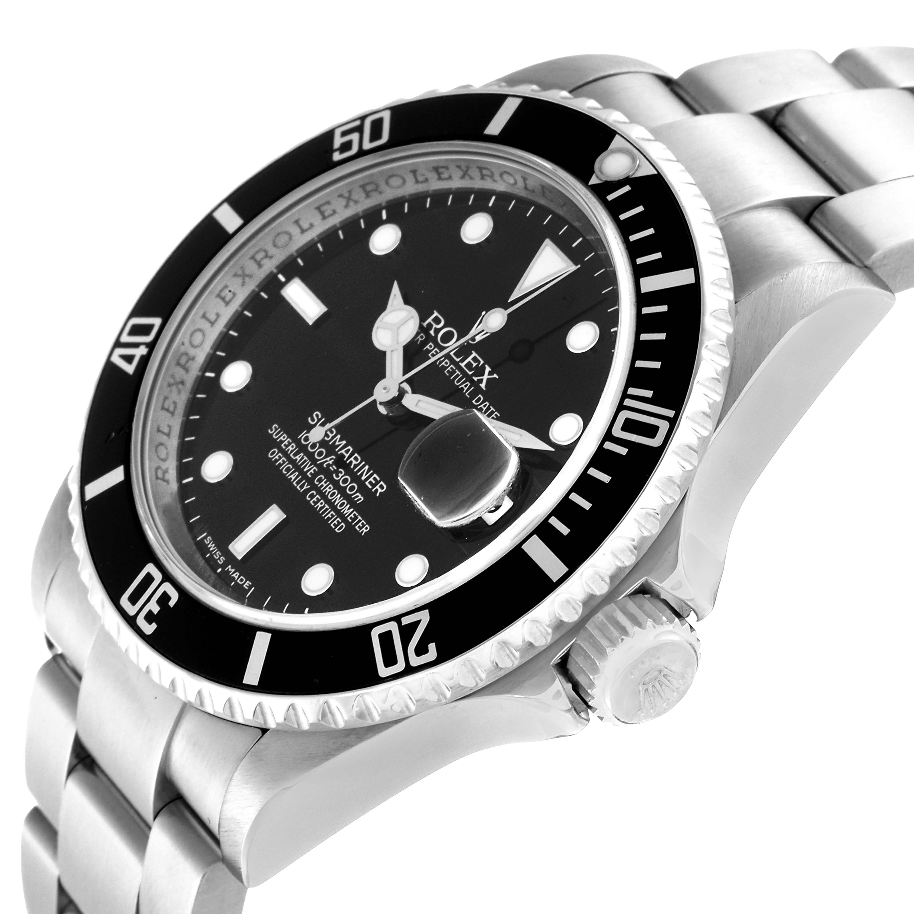 The image showcases a Rolex Submariner 16610 Men
s Stainless Steel Black Dial 16610 Men
s Stainless Steel Black Dial watch from a three-quarter angle, highlighting the bezel, dial, bracelet, and crown.