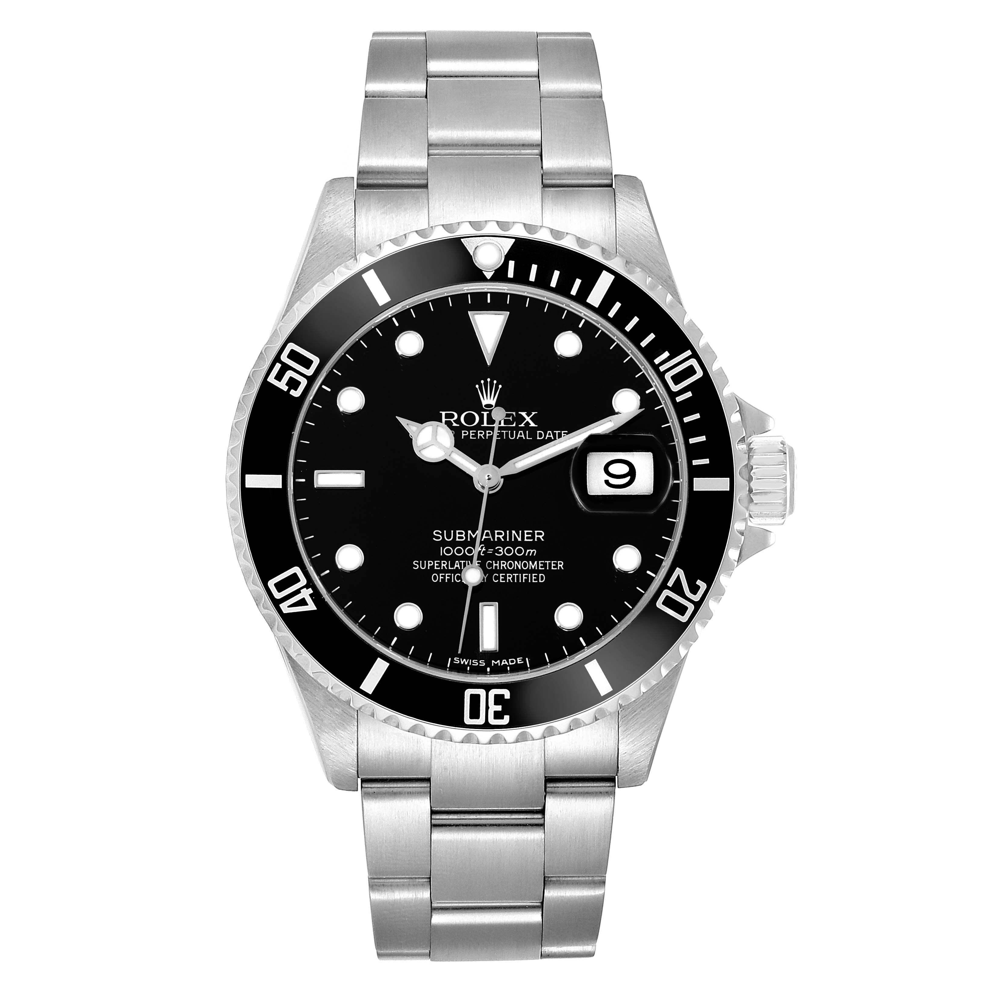 This image shows a frontal view of the Rolex Submariner 16610 Men
s Stainless Steel Black Dial 16610 Men
s Stainless Steel Black Dial, showcasing its dial, bezel, case, and bracelet.