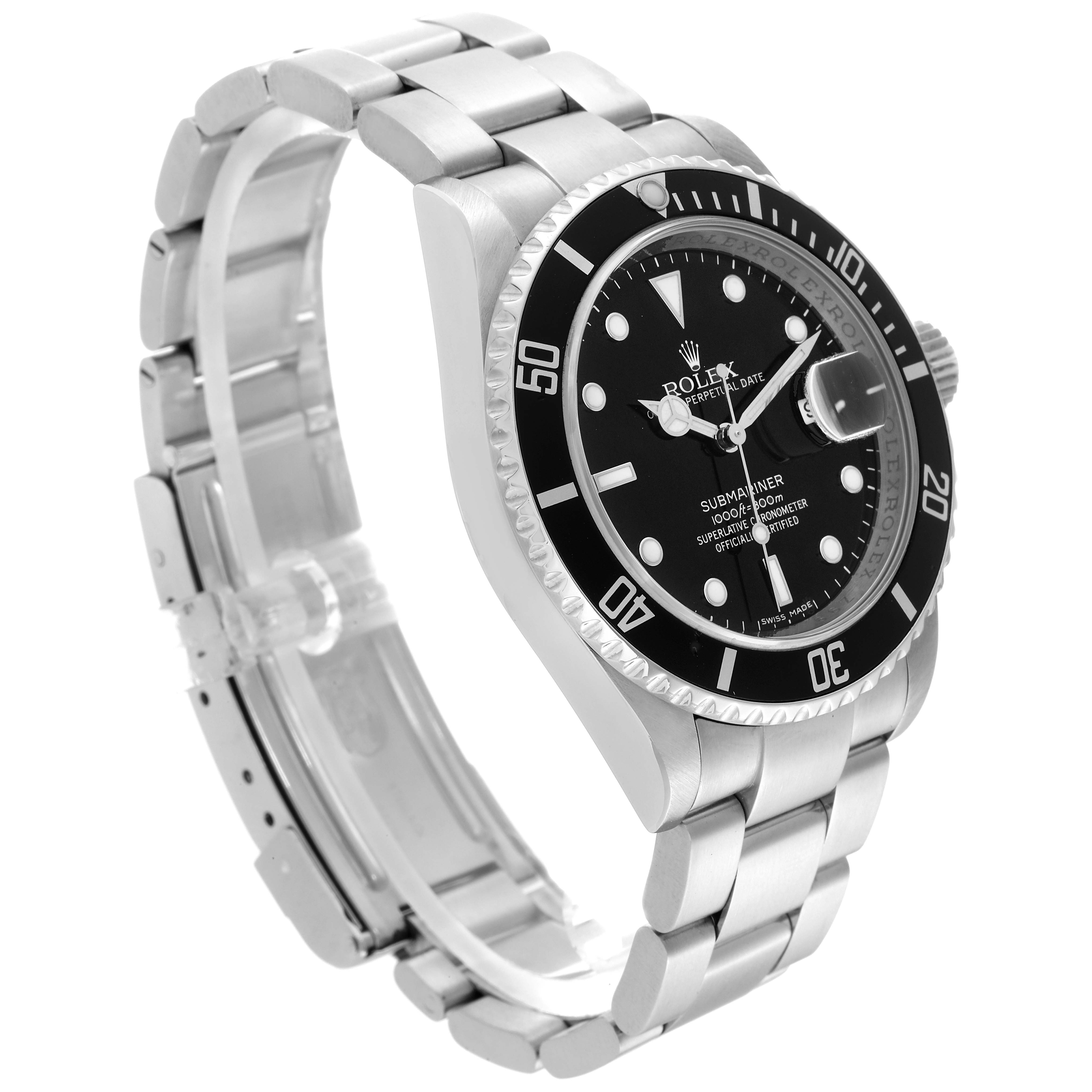 The image shows the Rolex Submariner 16610 Men
s Stainless Steel Black Dial 16610 Men
s Stainless Steel Black Dial watch from a side-angle, highlighting the face, bezel, and part of the bracelet.