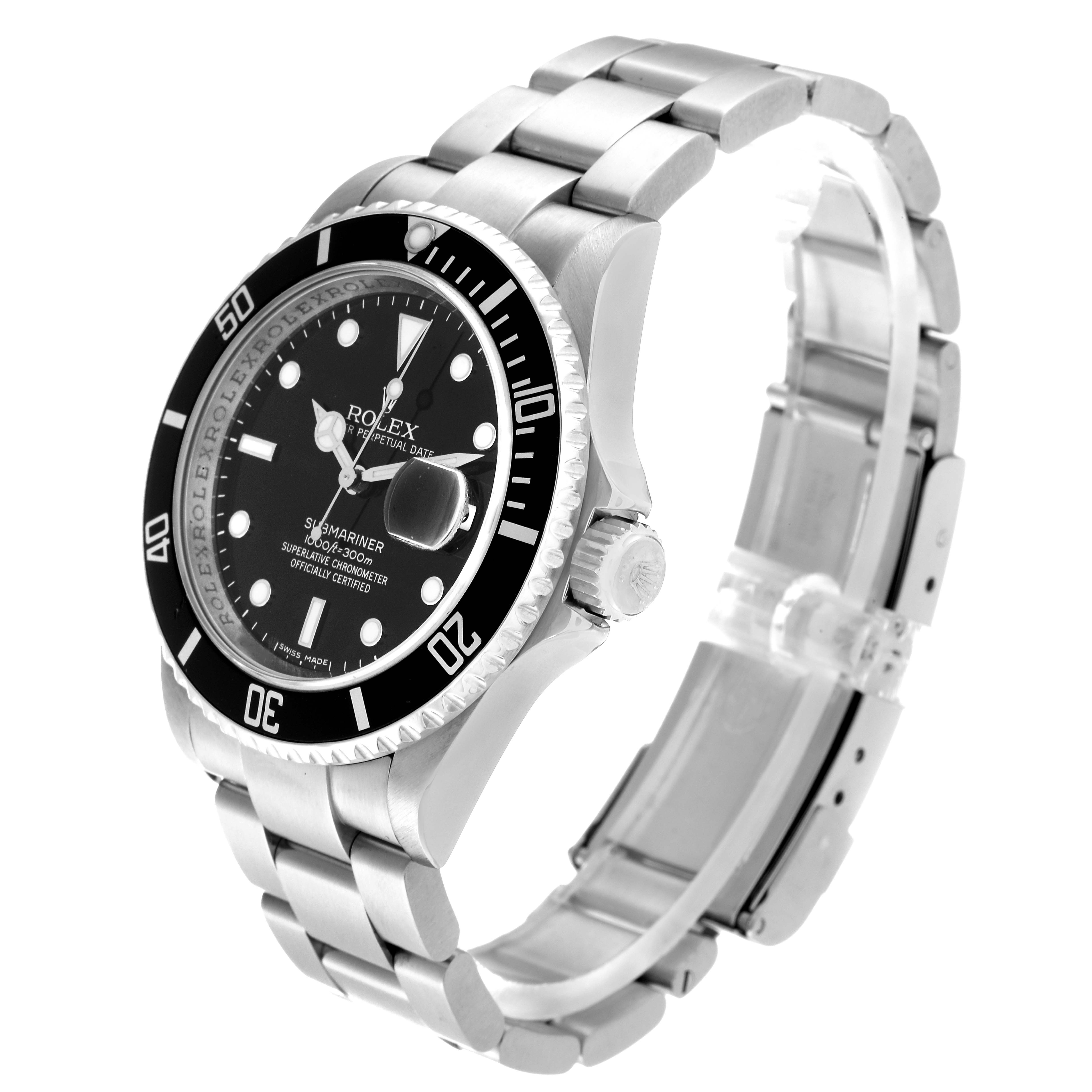 The Rolex Submariner 16610 Men
s Stainless Steel Black Dial 16610 Men
s Stainless Steel Black Dial watch is shown at a three-quarter angle, displaying the face, bezel, crown, and bracelet.