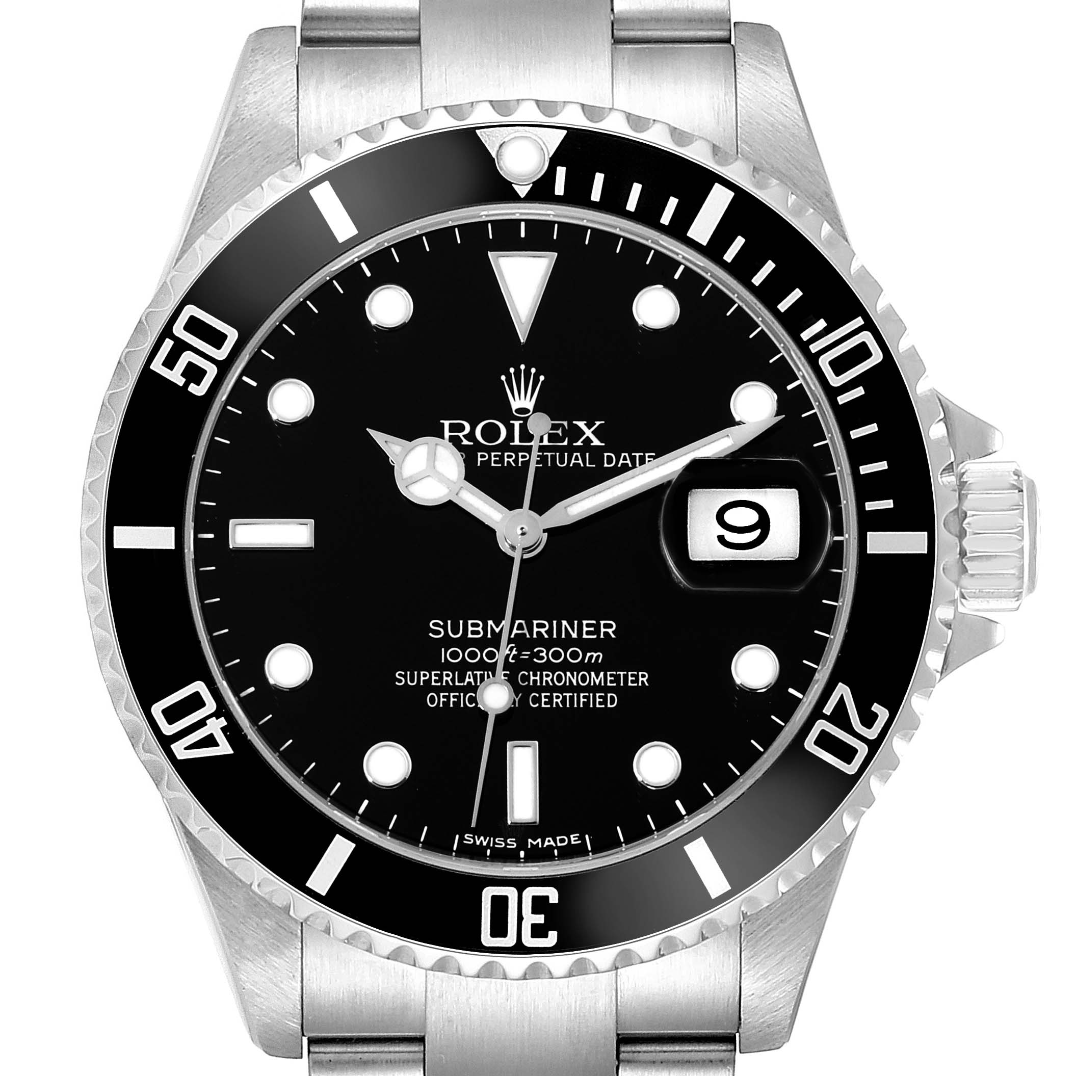 The image shows a frontal view of a Rolex Submariner 16610 Men
s Stainless Steel Black Dial 16610 Men
s Stainless Steel Black Dial watch, displaying its dial, bezel, and crown.