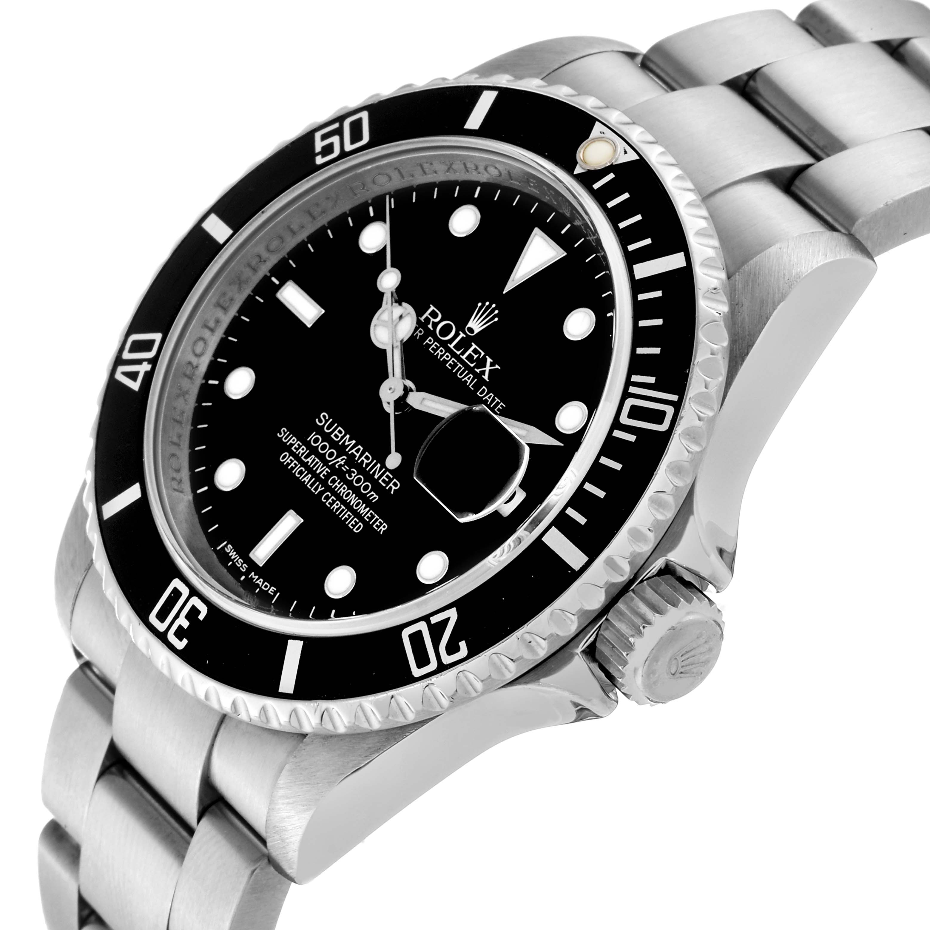 The image shows a close-up angled view of the Rolex Submariner 16610 Men
s Stainless Steel Black Dial 16610 Men
s Stainless Steel Black Dial
s face and bracelet, highlighting the bezel, dial, and crown.