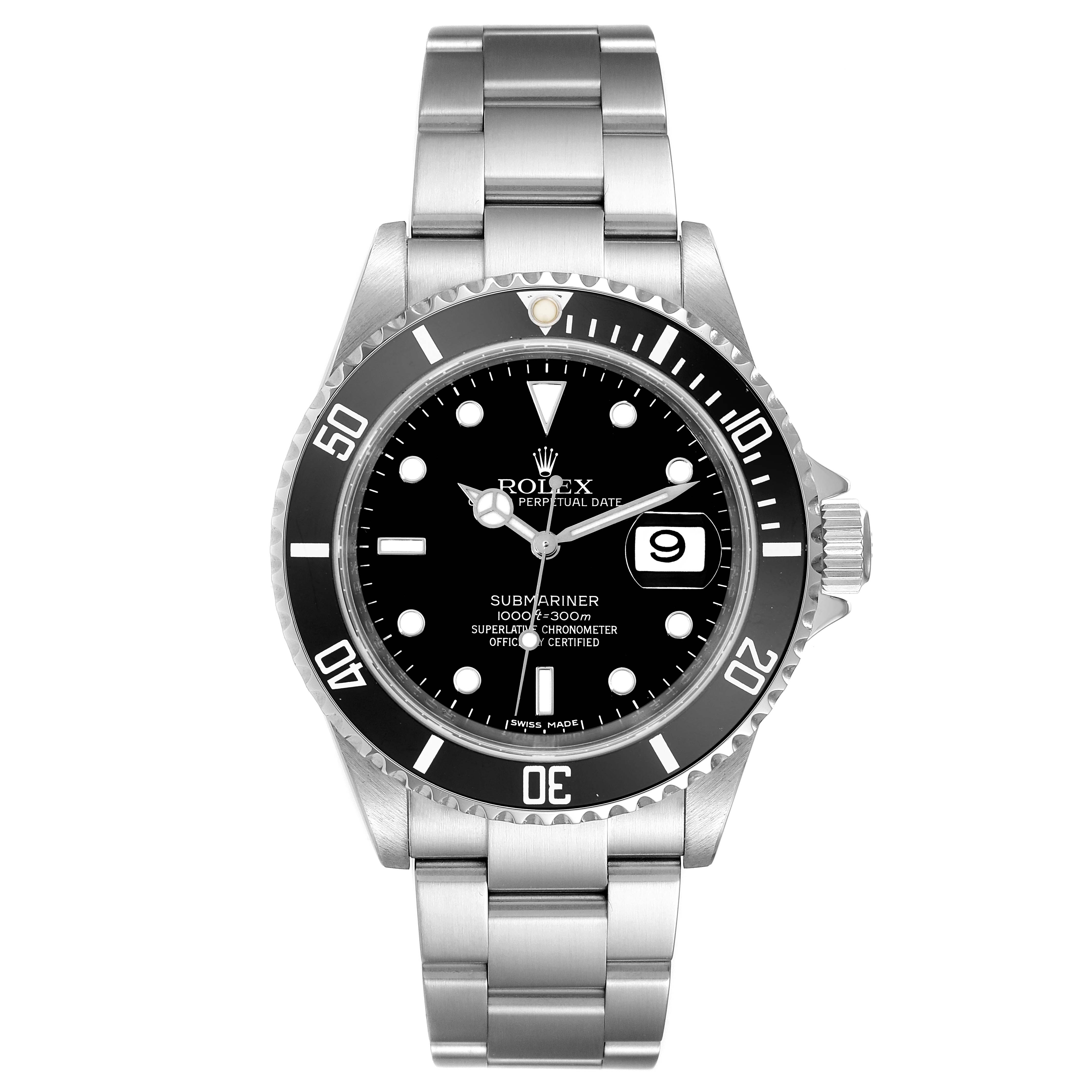 The image shows a front view of the Rolex Submariner 16610 Men
s Stainless Steel Black Dial 16610 Men
s Stainless Steel Black Dial watch, highlighting its face, bezel, crown, and bracelet.