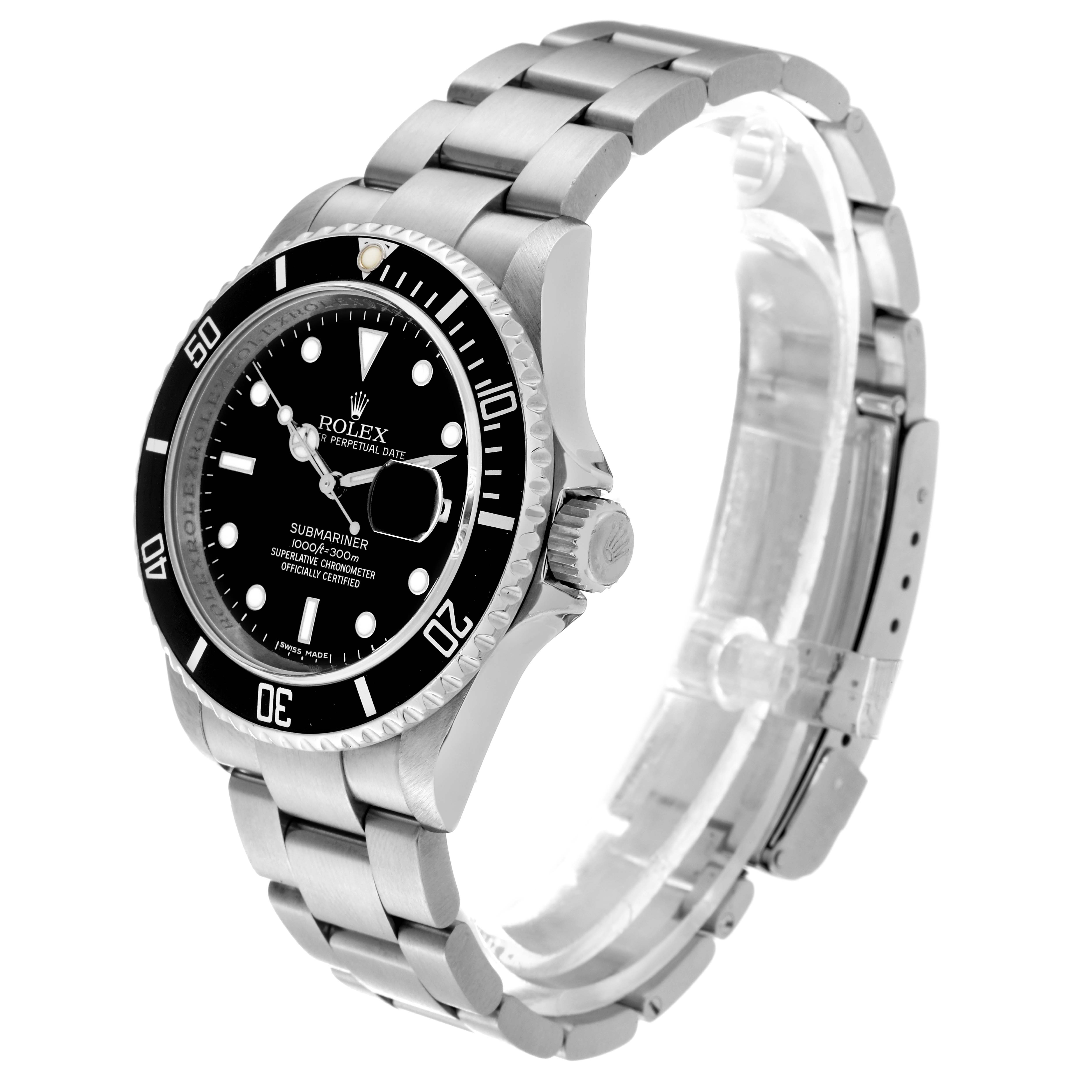 This image shows a Rolex Submariner 16610 Men
s Stainless Steel Black Dial 16610 Men
s Stainless Steel Black Dial watch from a three-quarter view highlighting the face, bezel, crown, and bracelet.
