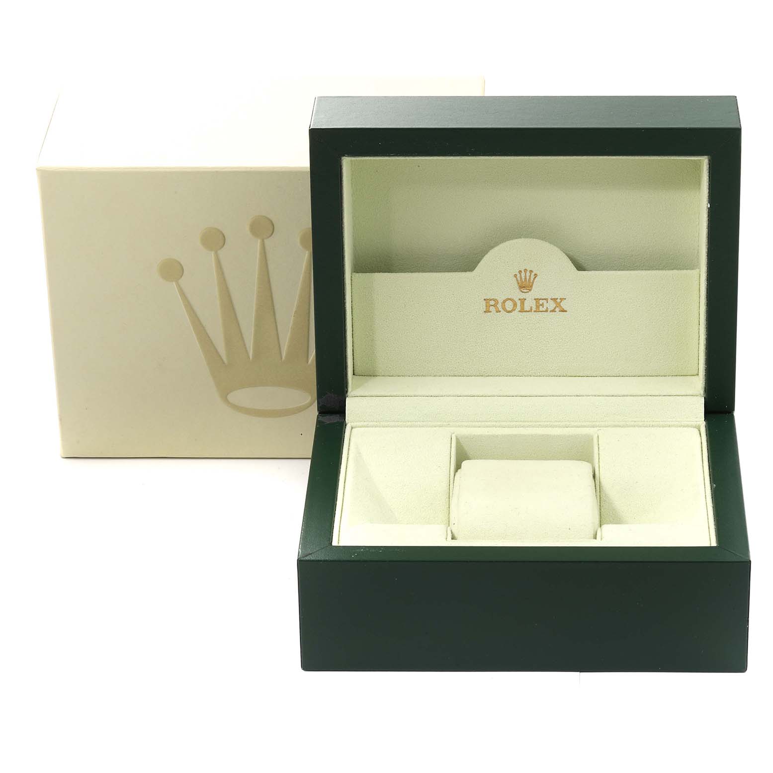The image shows an open green Rolex watch box and its outer beige box for the Submariner model.