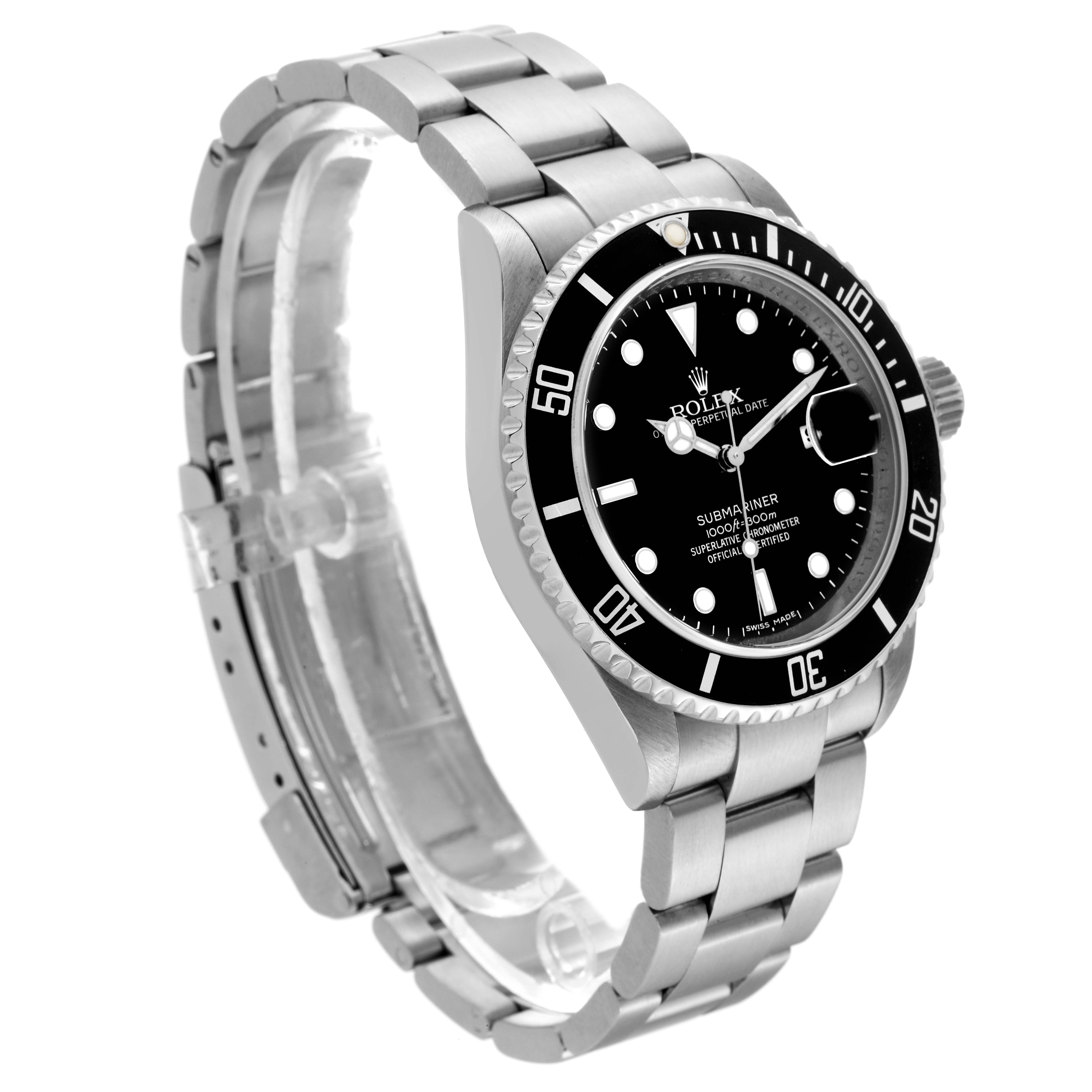 The image shows a side and front angle of the Rolex Submariner 16610 Men
s Stainless Steel Black Dial 16610 Men
s Stainless Steel Black Dial, highlighting its stainless steel bracelet, black dial, and rotating bezel.
