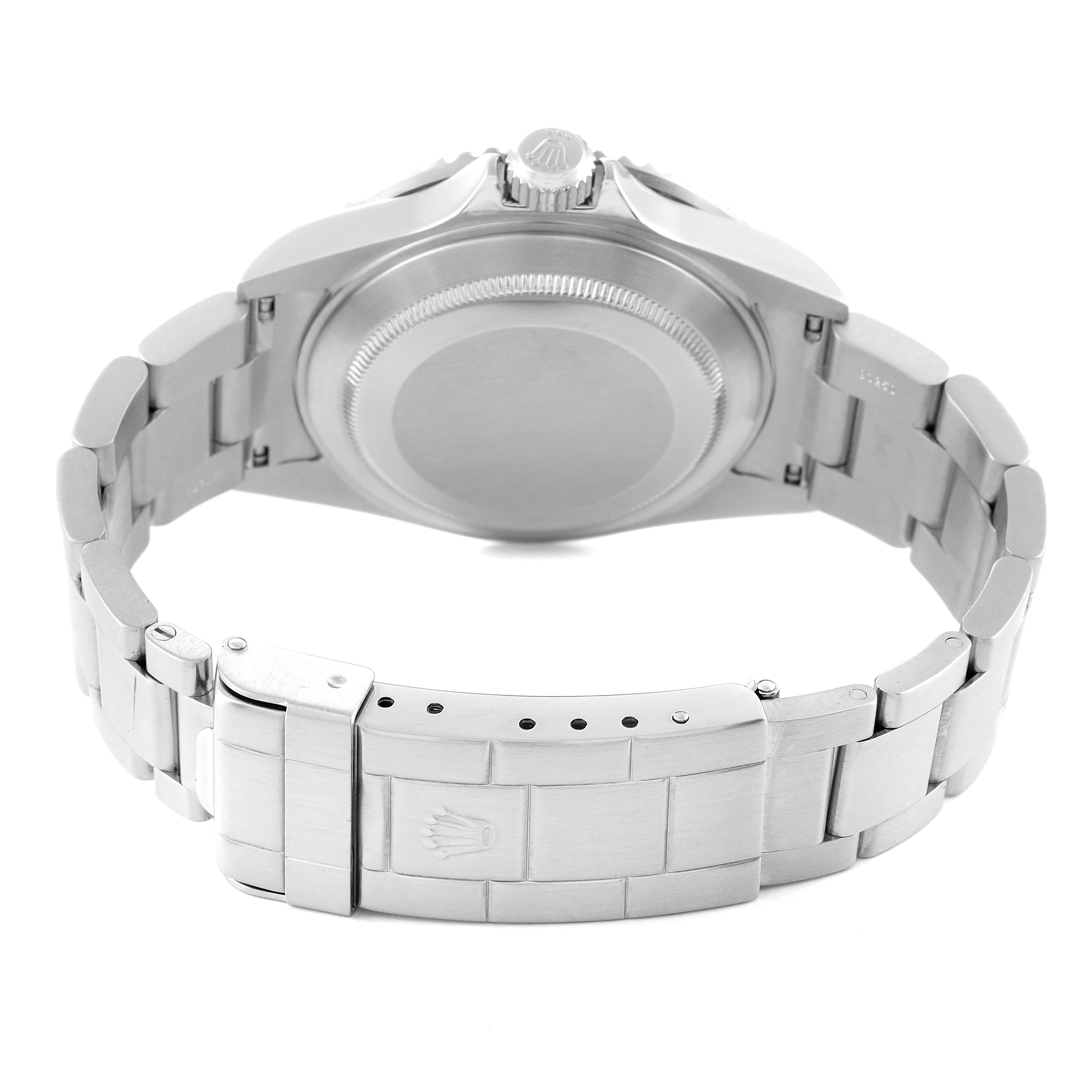 The image shows the case back, crown, and bracelet of the Rolex Submariner 16610 Men
s Stainless Steel Black Dial 16610 Men
s Stainless Steel Black Dial watch from a rear angle.