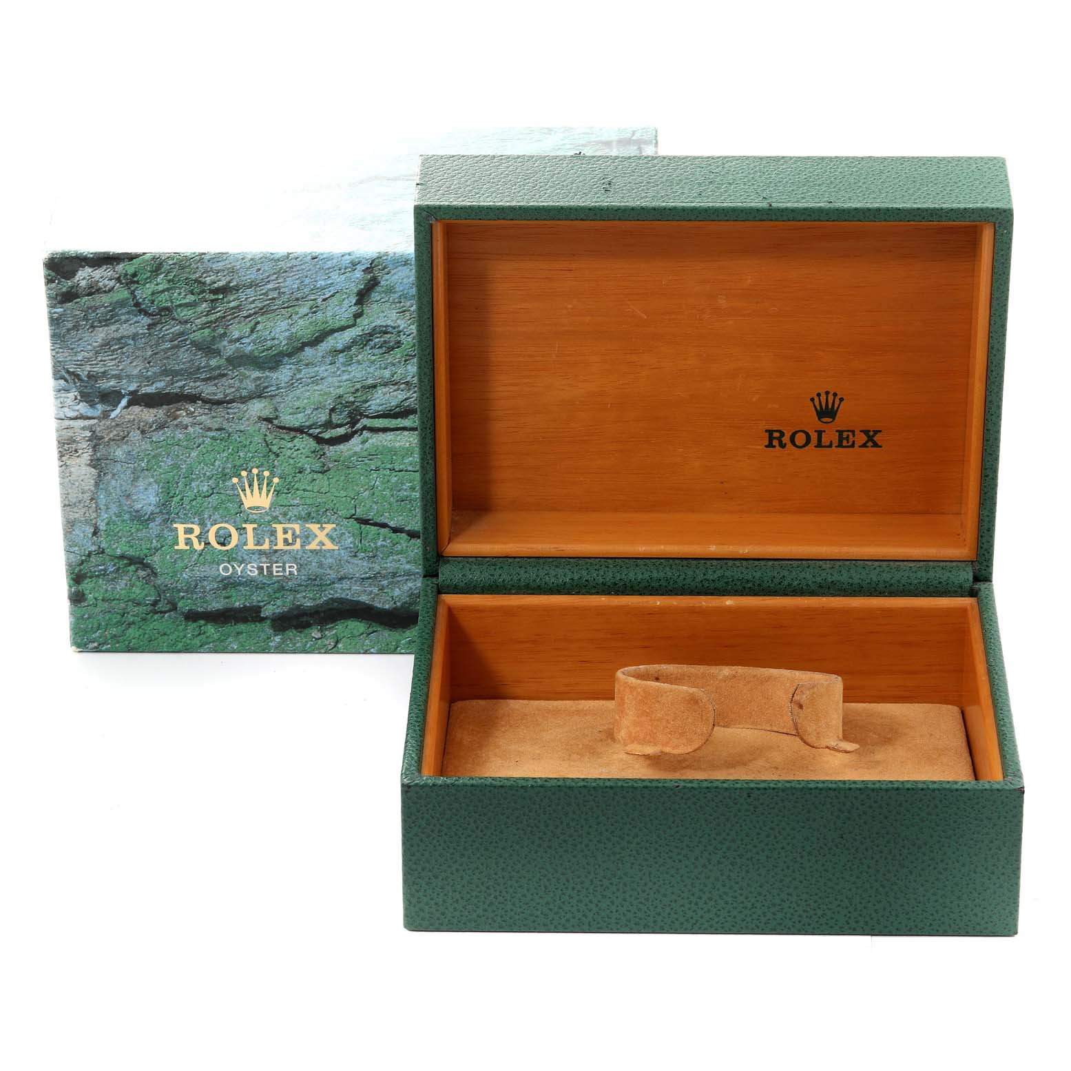 The image shows an opened Rolex Submariner 16610 Men
s Stainless Steel Black Dial 16610 Men
s Stainless Steel Black Dial watch box from a front angle, displaying both the inner wooden and outer green parts.