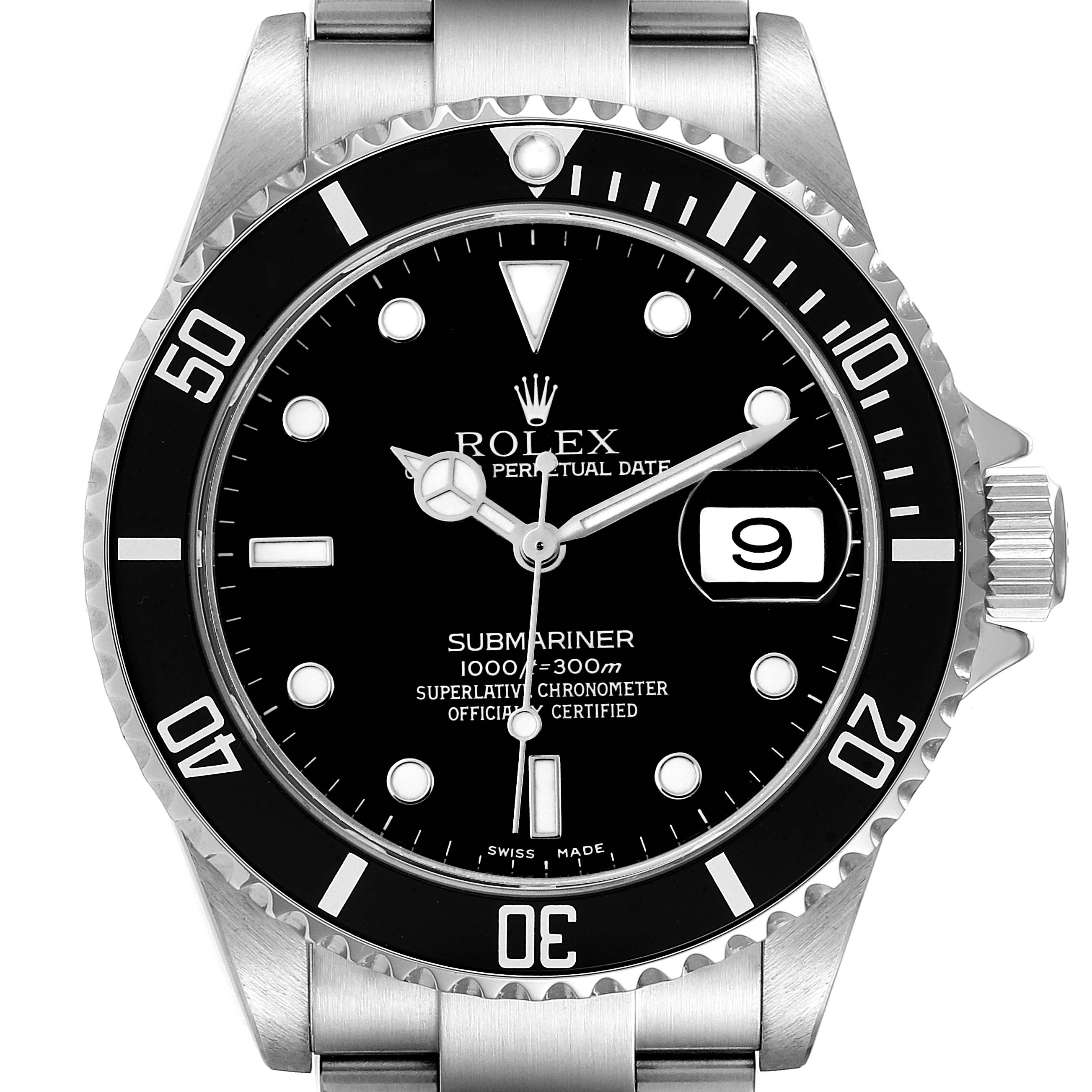The image shows a frontal view of a Rolex Submariner 16610 Men
s Stainless Steel Black Dial 16610 Men
s Stainless Steel Black Dial watch, displaying the dial, bezel, hands, and bracelet.