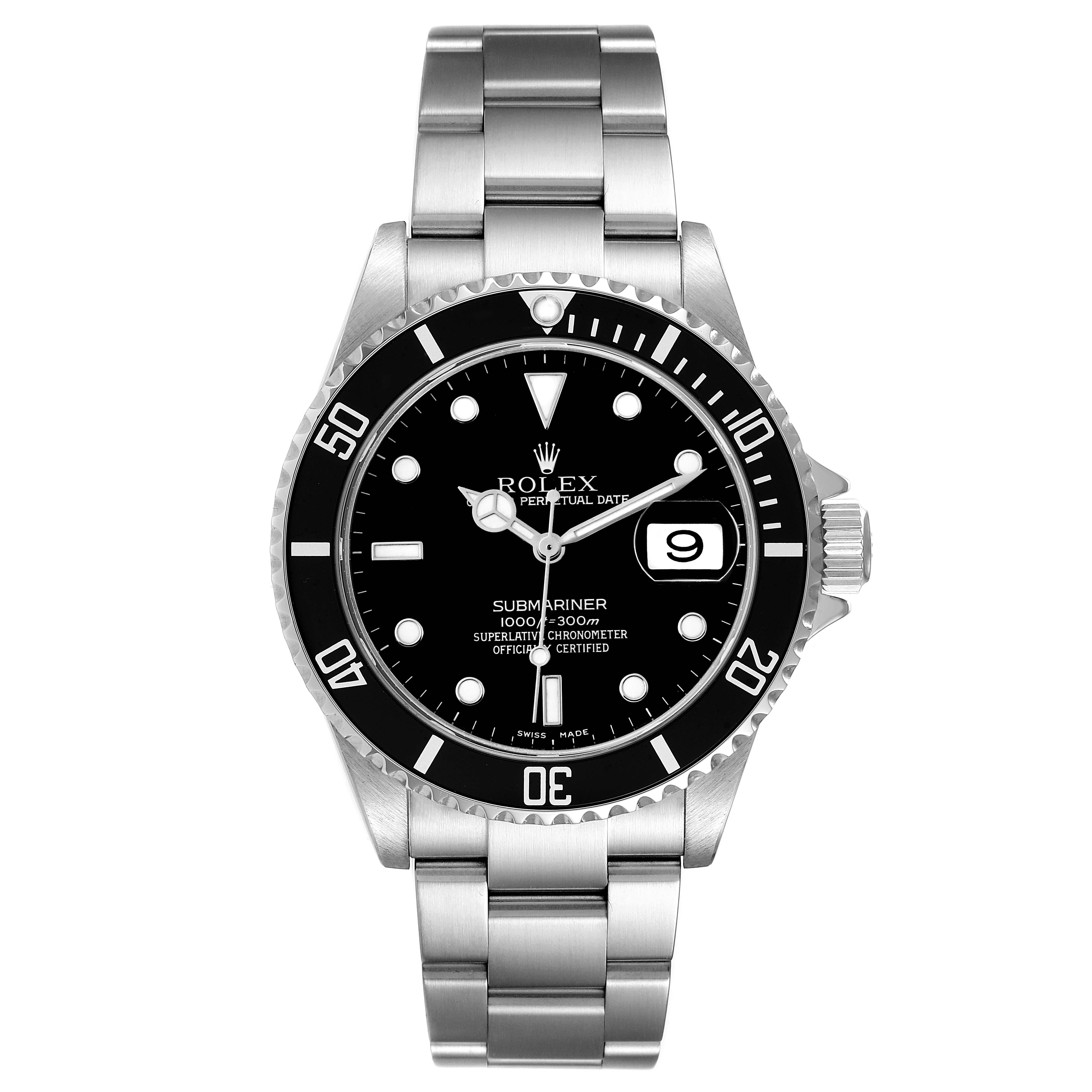 The image shows a front view of a Rolex Submariner 16610 Men
s Stainless Steel Black Dial 16610 Men
s Stainless Steel Black Dial watch, highlighting its face, bezel, and stainless steel bracelet.