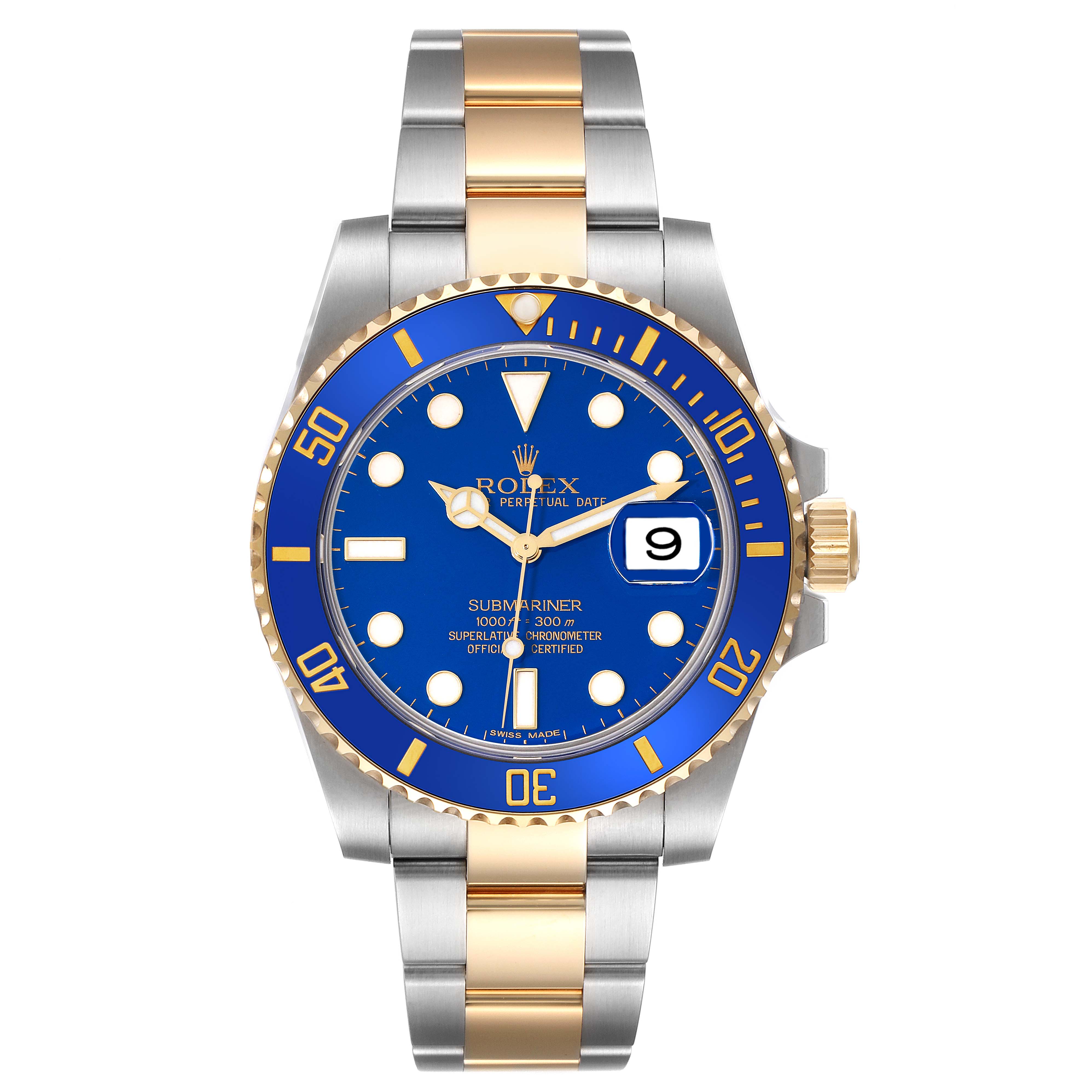 This Rolex Submariner 116613LB Men's Steel and Gold (two tone) Blue Dial 116613LB Men's Steel and Gold (two tone) Blue Dial watch is shown from the front, featuring the blue dial, date display, and two-tone bracelet.