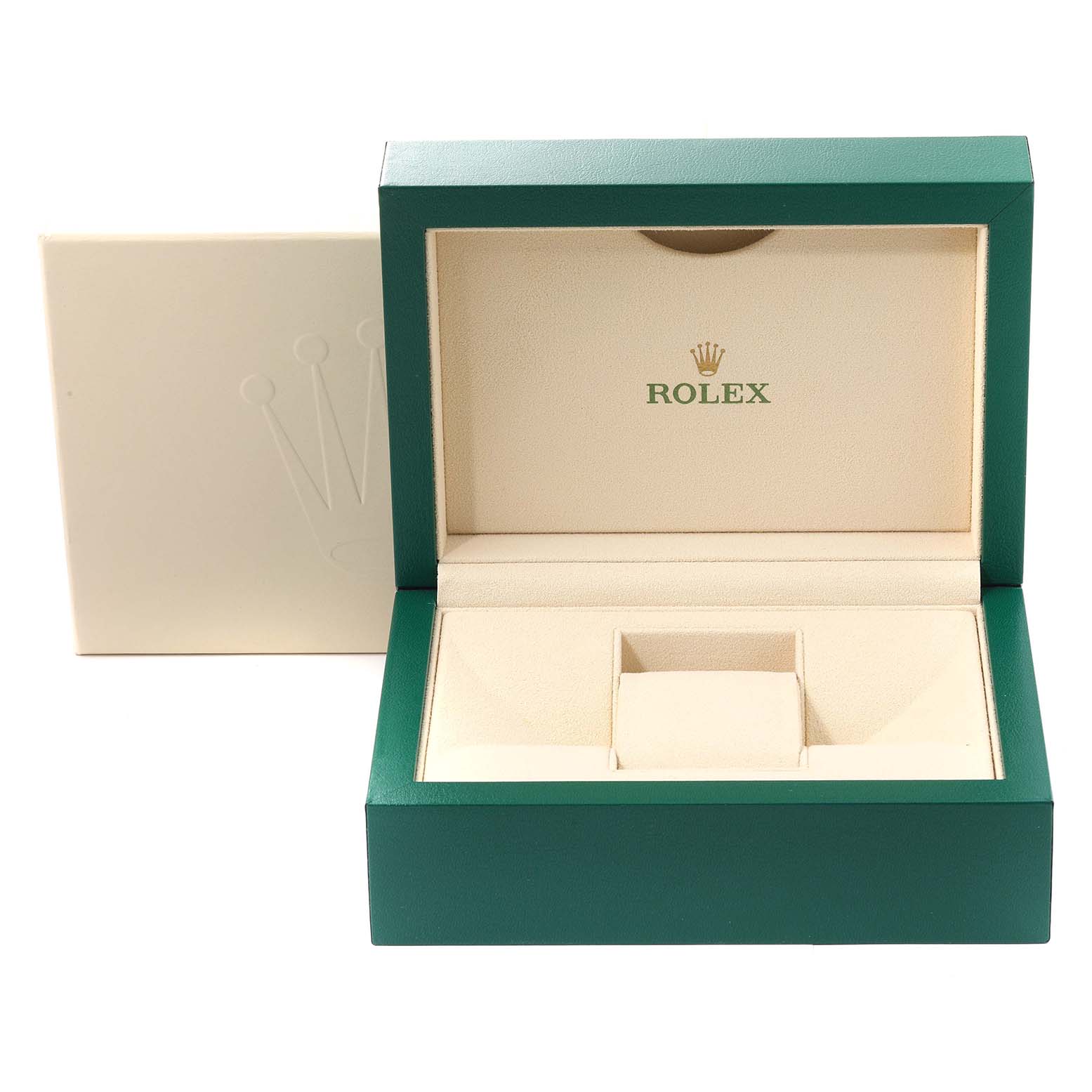 This image shows an open presentation box for a Rolex Submariner 116613LB Men's Steel and Gold (two tone) Blue Dial 116613LB Men's Steel and Gold (two tone) Blue Dial watch, with beige interior and green exterior.