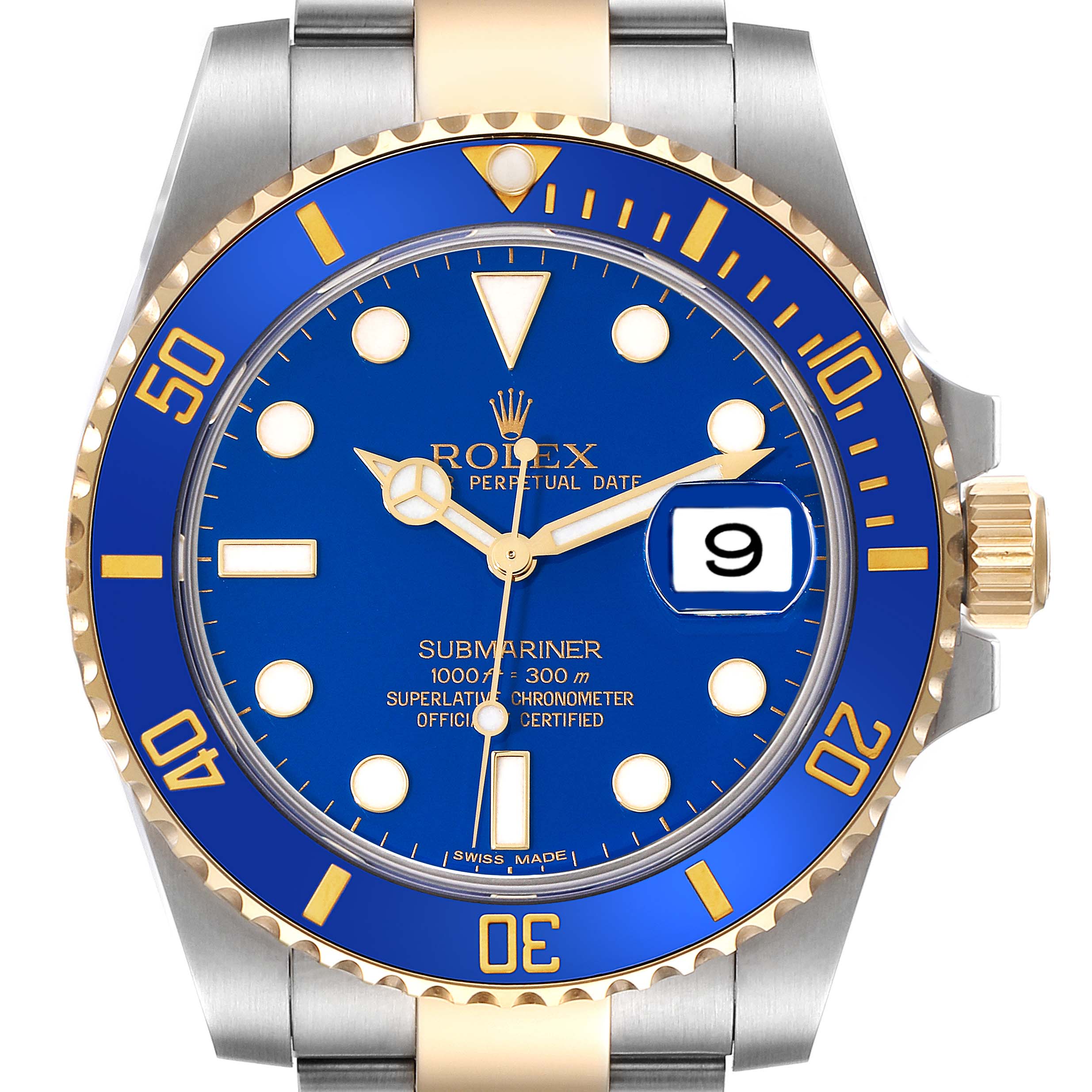 The image displays a front view of the Rolex Submariner 116613LB Men's Steel and Gold (two tone) Blue Dial 116613LB Men's Steel and Gold (two tone) Blue Dial watch, highlighting its blue dial, date window, and two-tone bezel.