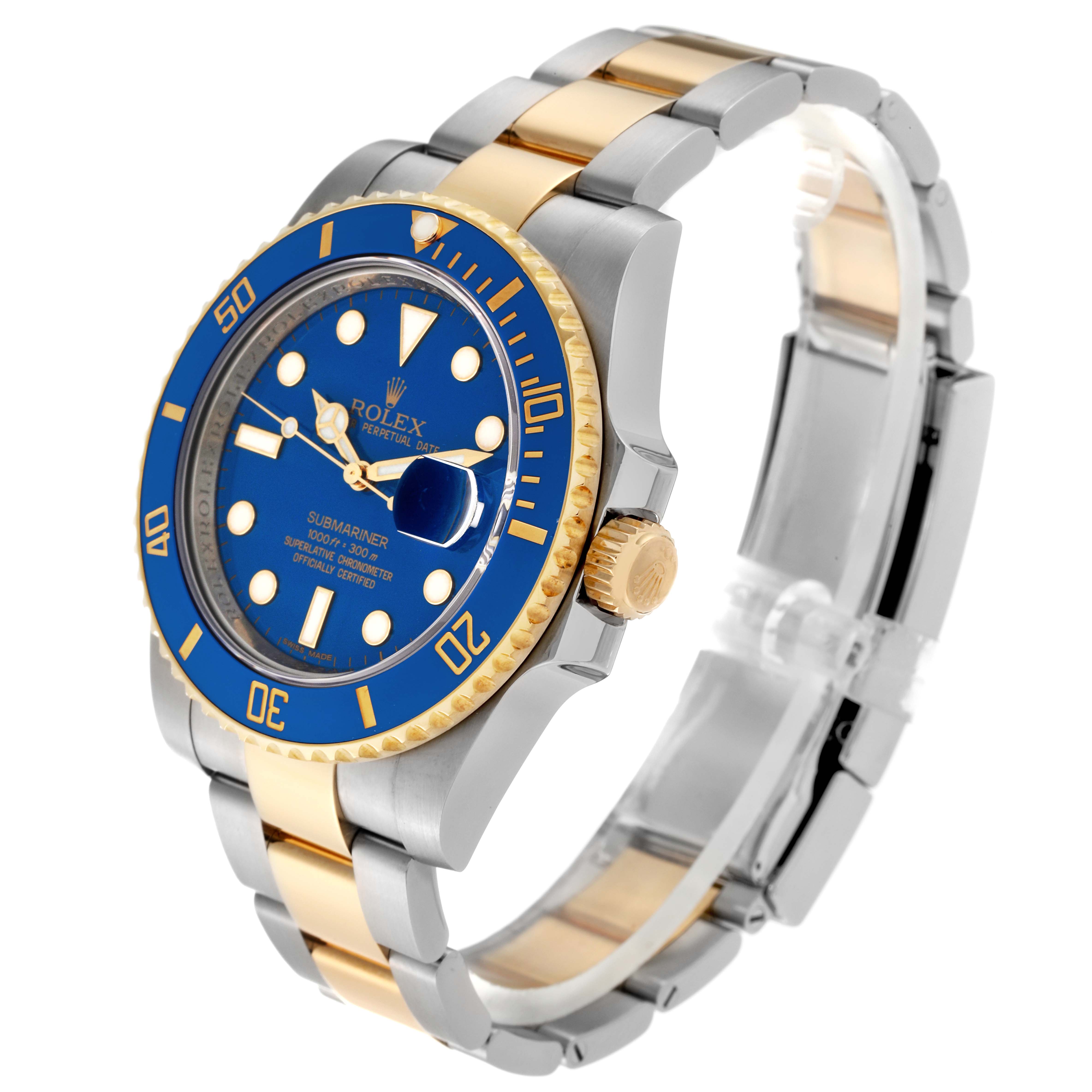 The image shows a three-quarter angled view of a Rolex Submariner 116613LB Men's Steel and Gold (two tone) Blue Dial 116613LB Men's Steel and Gold (two tone) Blue Dial watch, highlighting its blue dial, bezel, and two-tone bracelet.