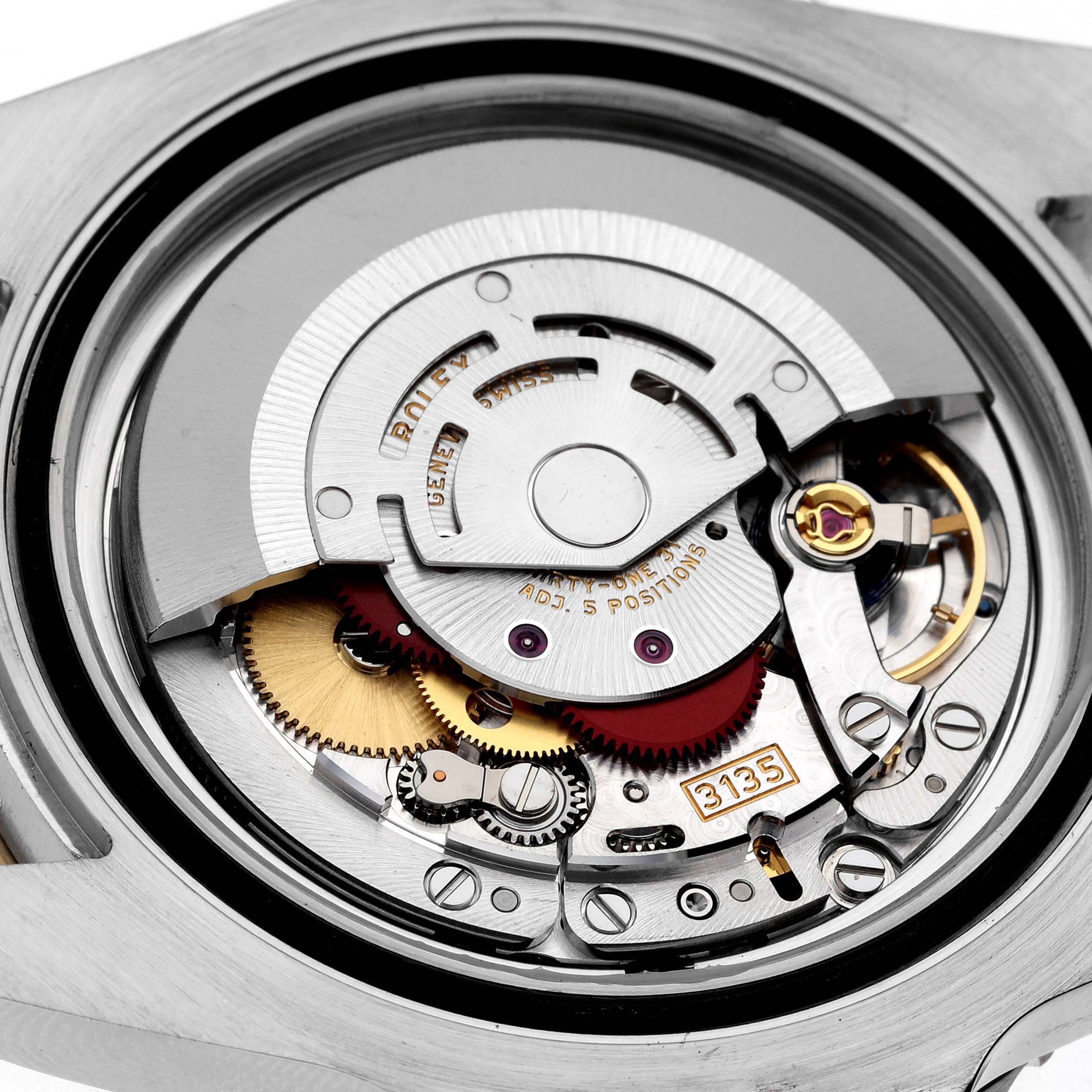 The image shows the internal mechanical components of a Rolex Submariner 116613LB Men's Steel and Gold (two tone) Blue Dial 116613LB Men's Steel and Gold (two tone) Blue Dial watch from a back view angle with the case removed.