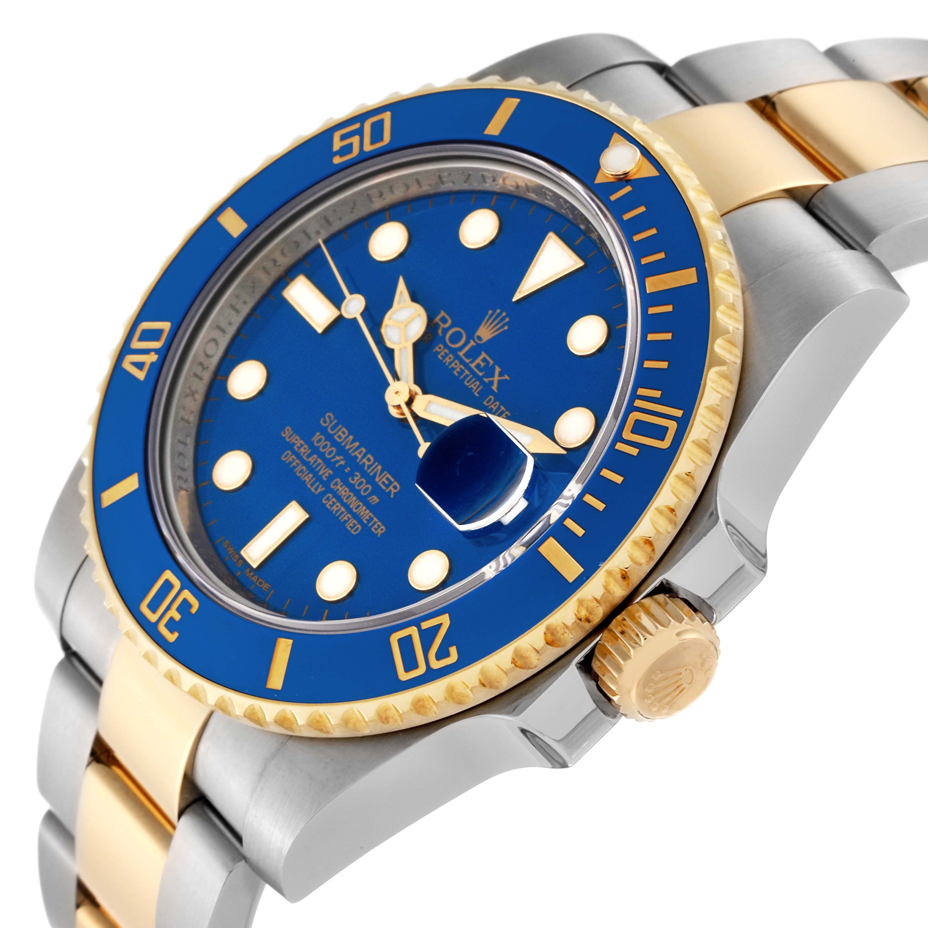 This Rolex Submariner 116613LB Men's Steel and Gold (two tone) Blue Dial 116613LB Men's Steel and Gold (two tone) Blue Dial watch is shown at an angled close-up, highlighting the blue dial, gold bezel, and two-tone bracelet.