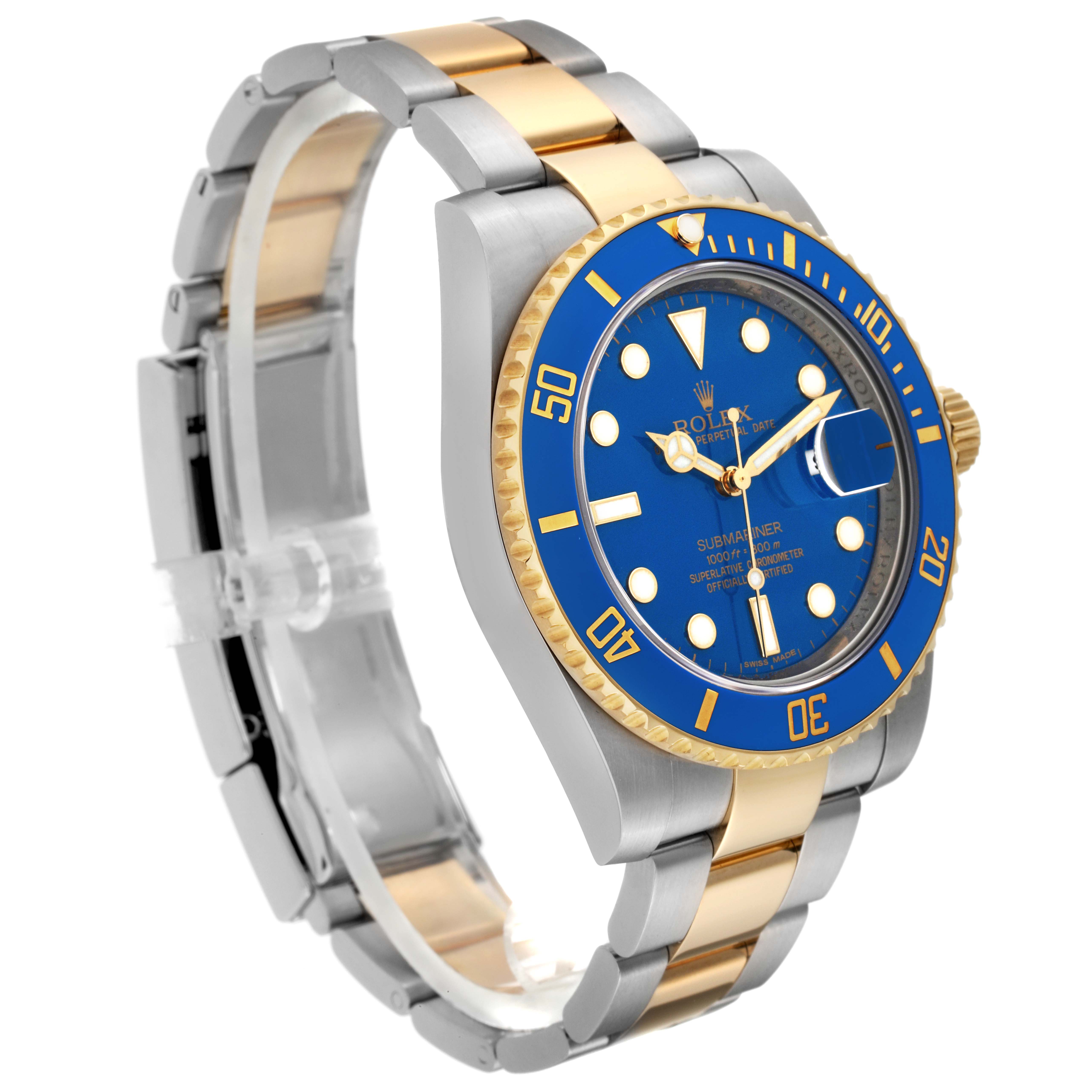 This Rolex Submariner 116613LB Men's Steel and Gold (two tone) Blue Dial 116613LB Men's Steel and Gold (two tone) Blue Dial watch is shown at a three-quarter angle, highlighting its blue dial, bezel, and two-tone bracelet.